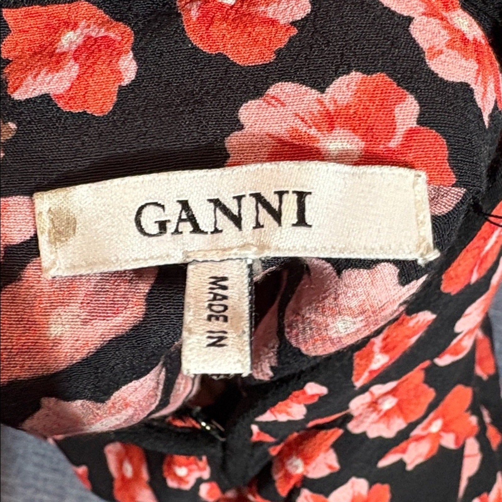 Ganni S Lindale Red Floral Crepe Mini Dress - size 34