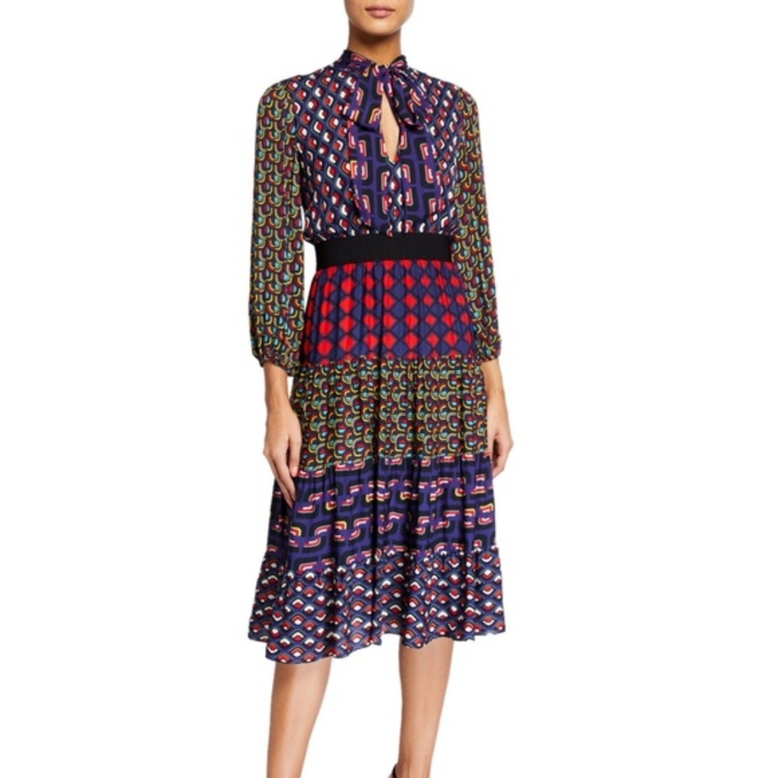 Alice + Olivia Karolina Paneled Blouson-Sleeve Midi Dress - size 2