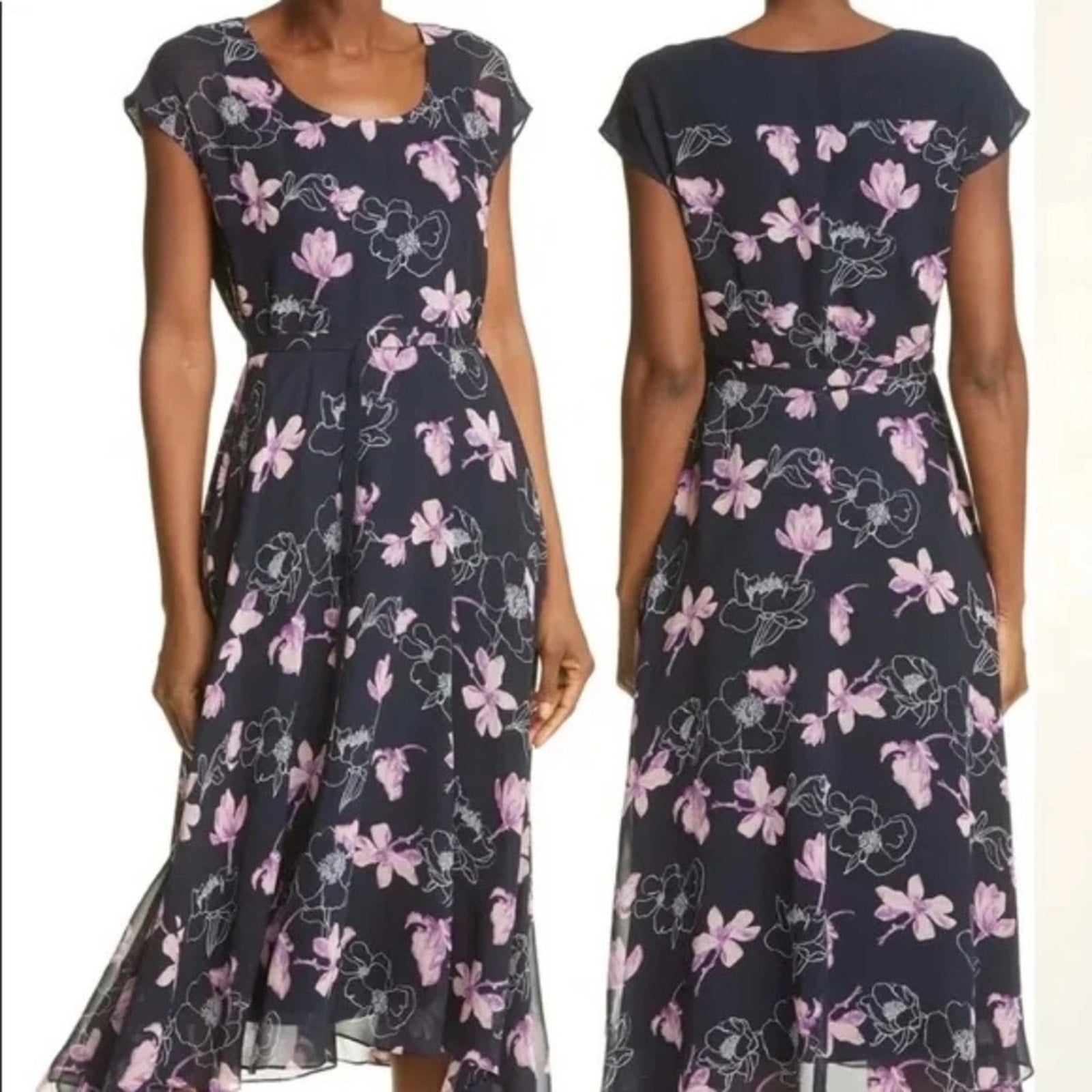 Club Monaco Navy Blue and Pink Floral Print Silk Midi Dress