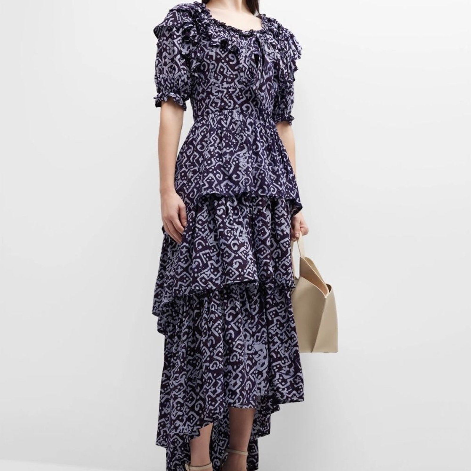 NEW BUSAYO Temi Ruffle Puff Sleeve Tiered Cotton Dress - size XS