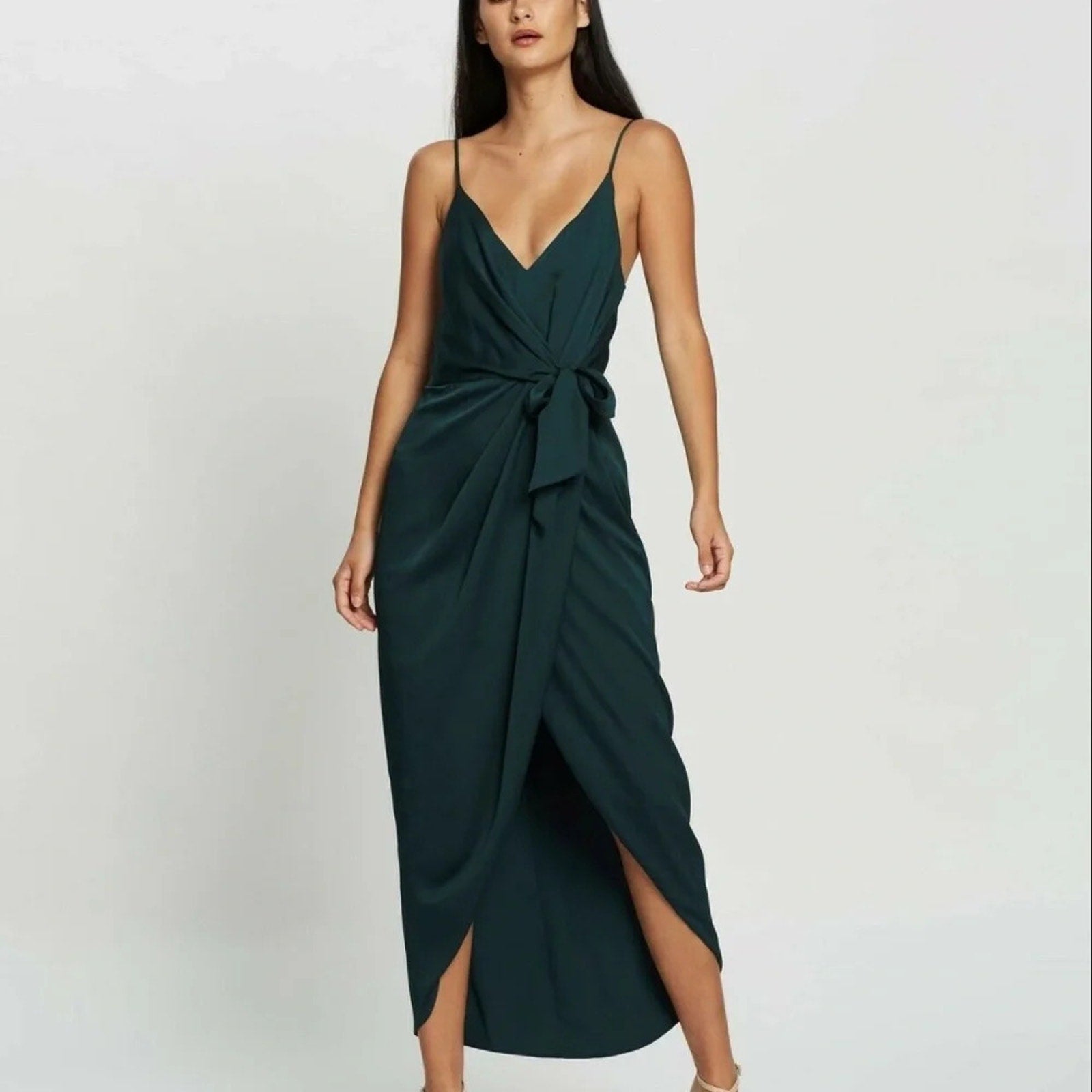 NEW Shona Joy Luxe Tie Front Cocktail Dress In Emerald Green - size 8 US