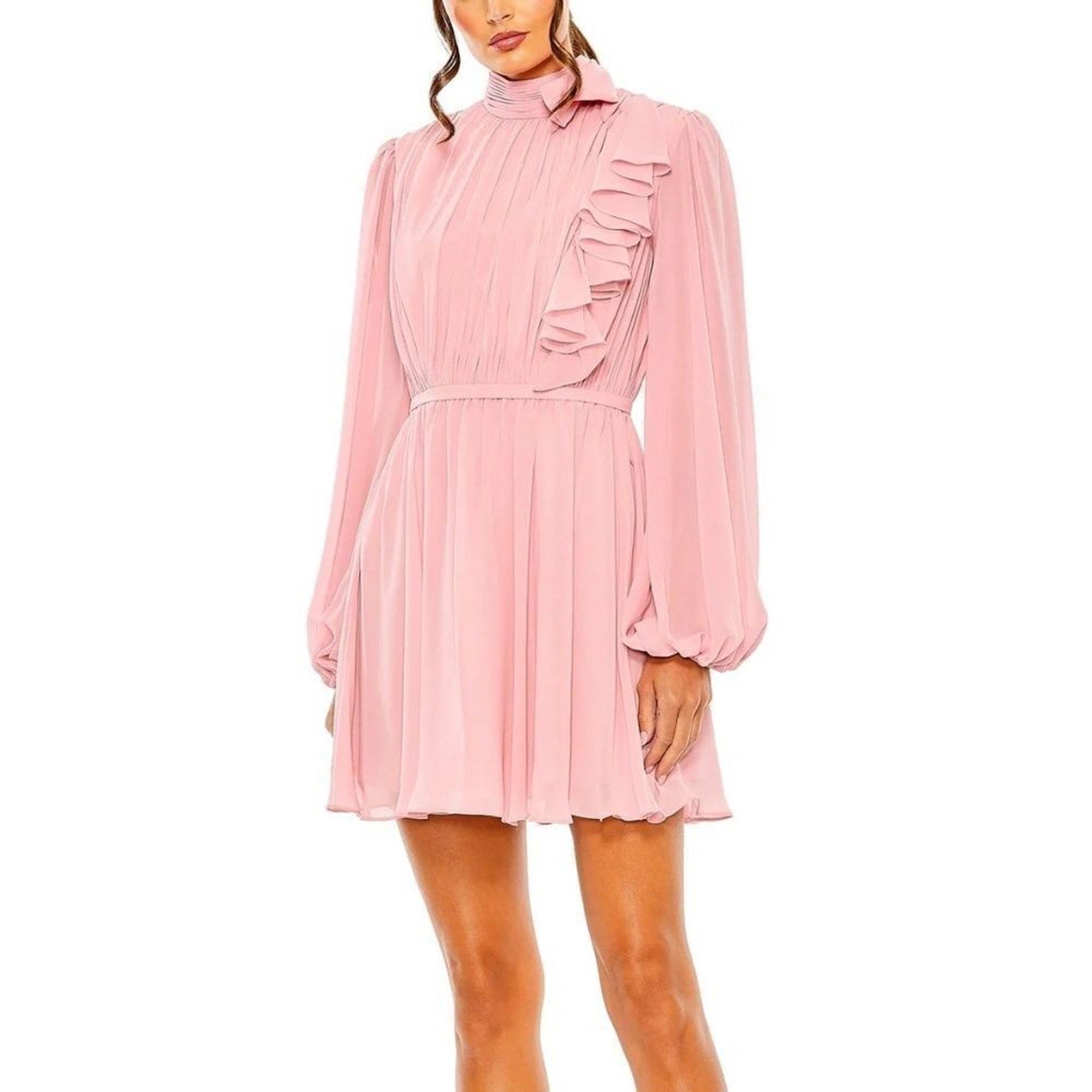 NWT Mac Duggal 55878 Mock Neck Long Sleeve Ruffle Dress Pink - size 2
