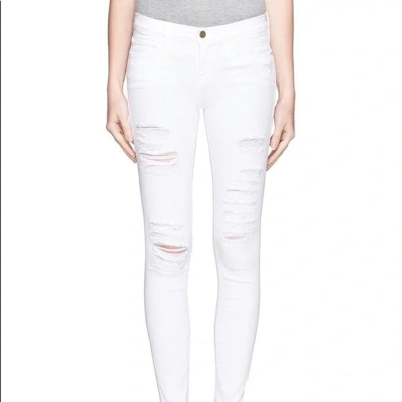 Frame Womens Le Skinny de Jeanne Distressed Jeans Blanc White - size 25