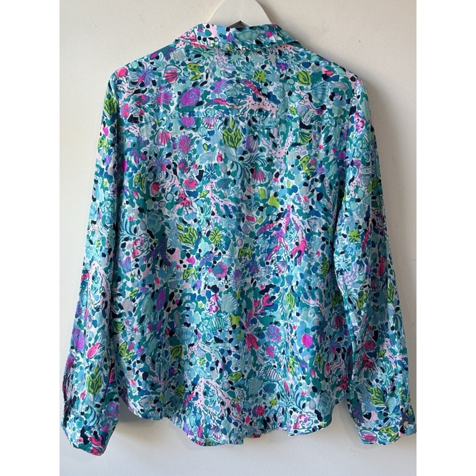 Lilly Pulitzer Sea View Linen Button Down Top Blue Multi Dive Bar - Large 🌟