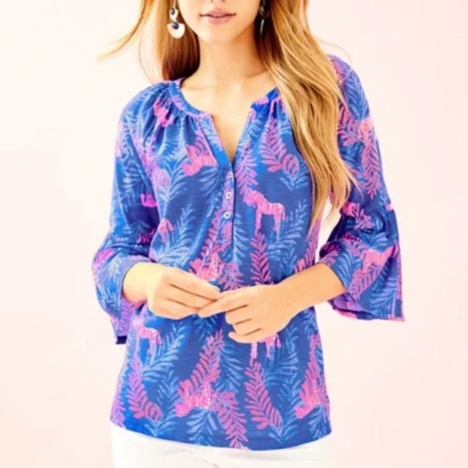 Lilly Pulitzer Tiegen Zebra Print Pink Blue Cotton V Neck - size XS