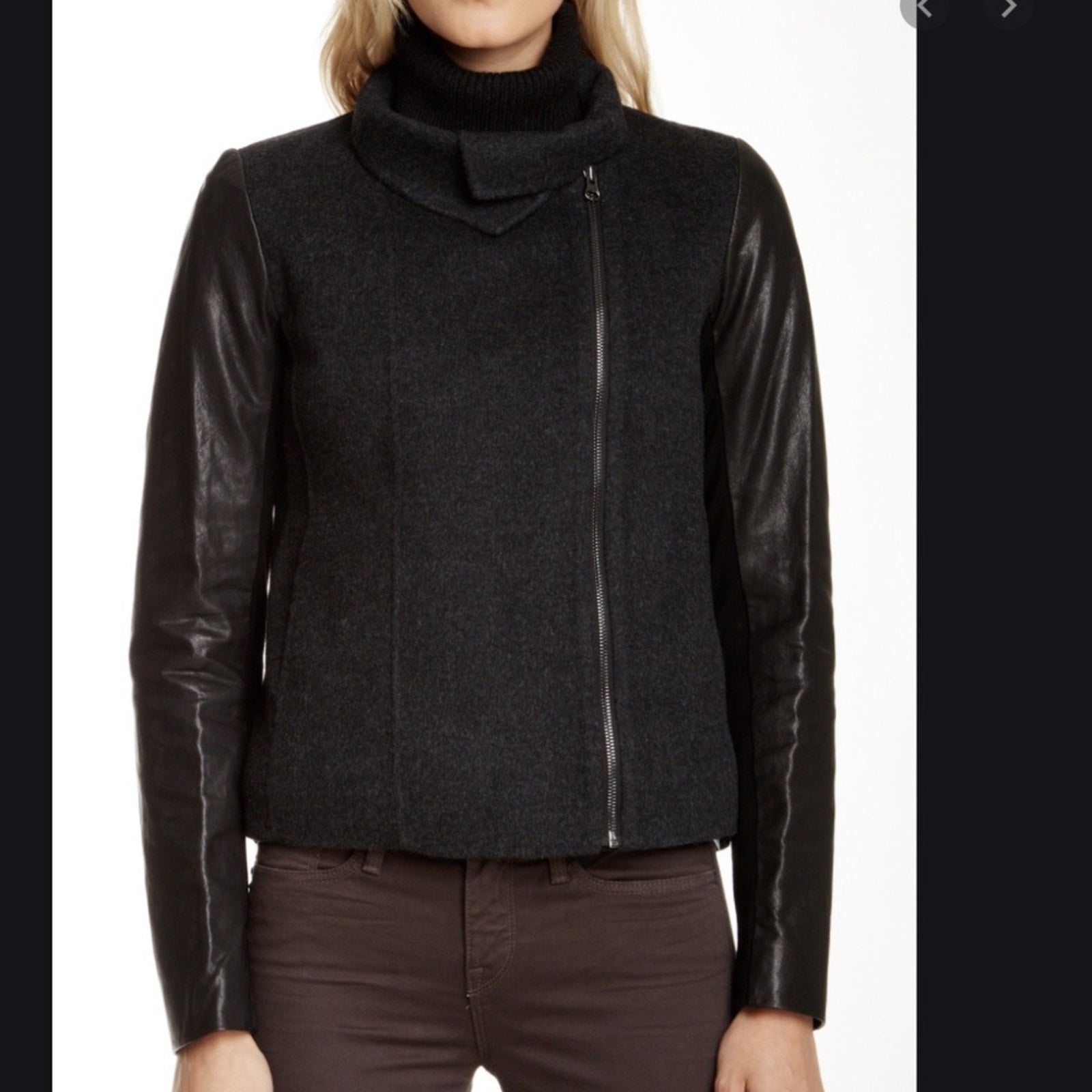 Vince Wool Blend Funnel Neck Jacket with Leather Sleeves - size M