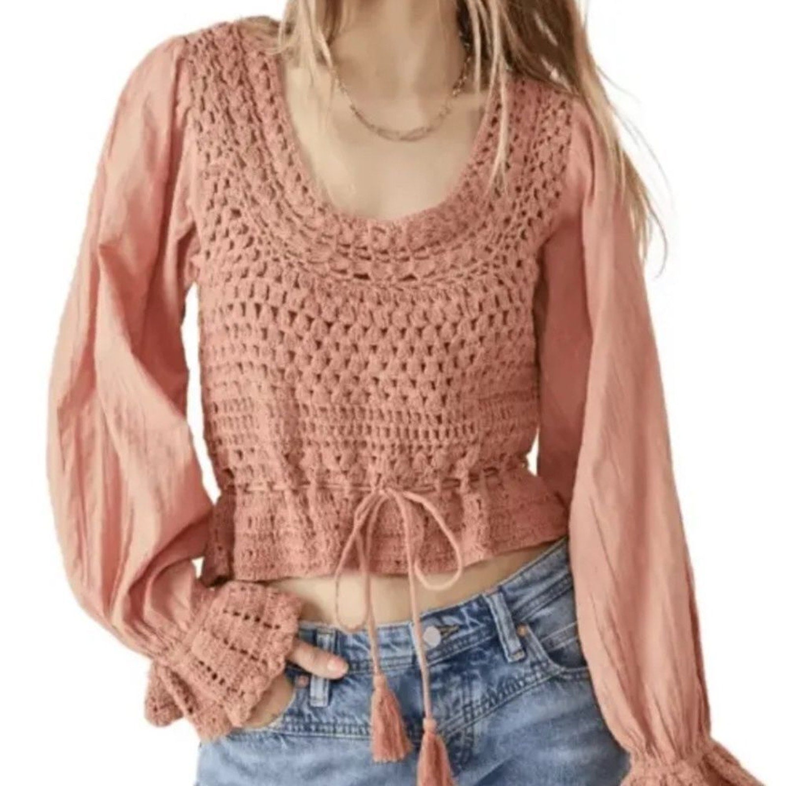 NWT FREE PEOPLE Megan Crochet Top in Coral Sand - size small
