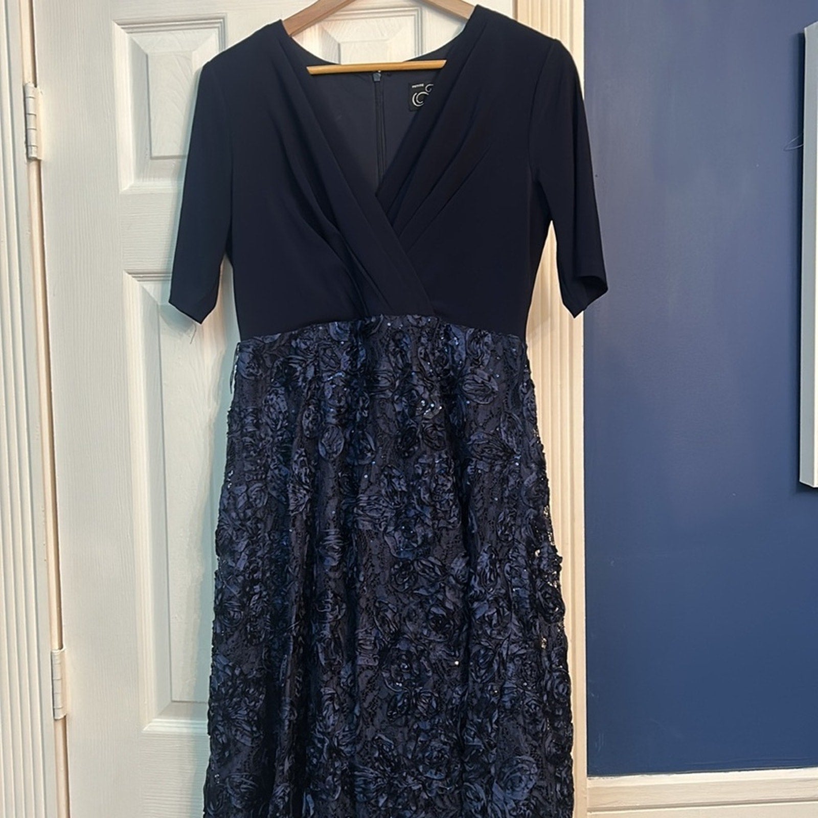 NEW ALEX EVENINGS Womens Navy Embroidered Lace Tie 3/4 Sleeve Surplice Neckline