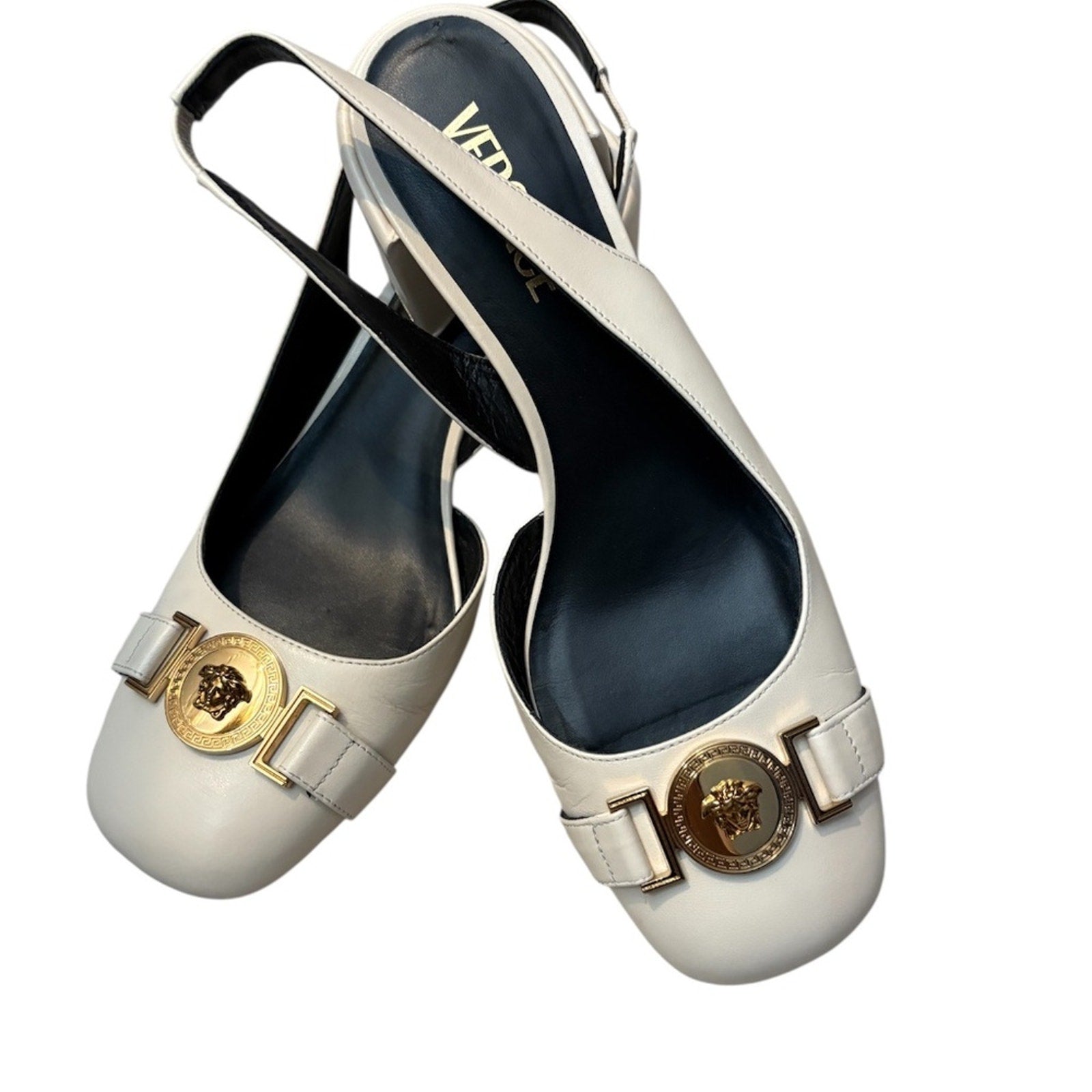 Versace Sling Back Vitello Metal Logo Heel - 38 (US 8)