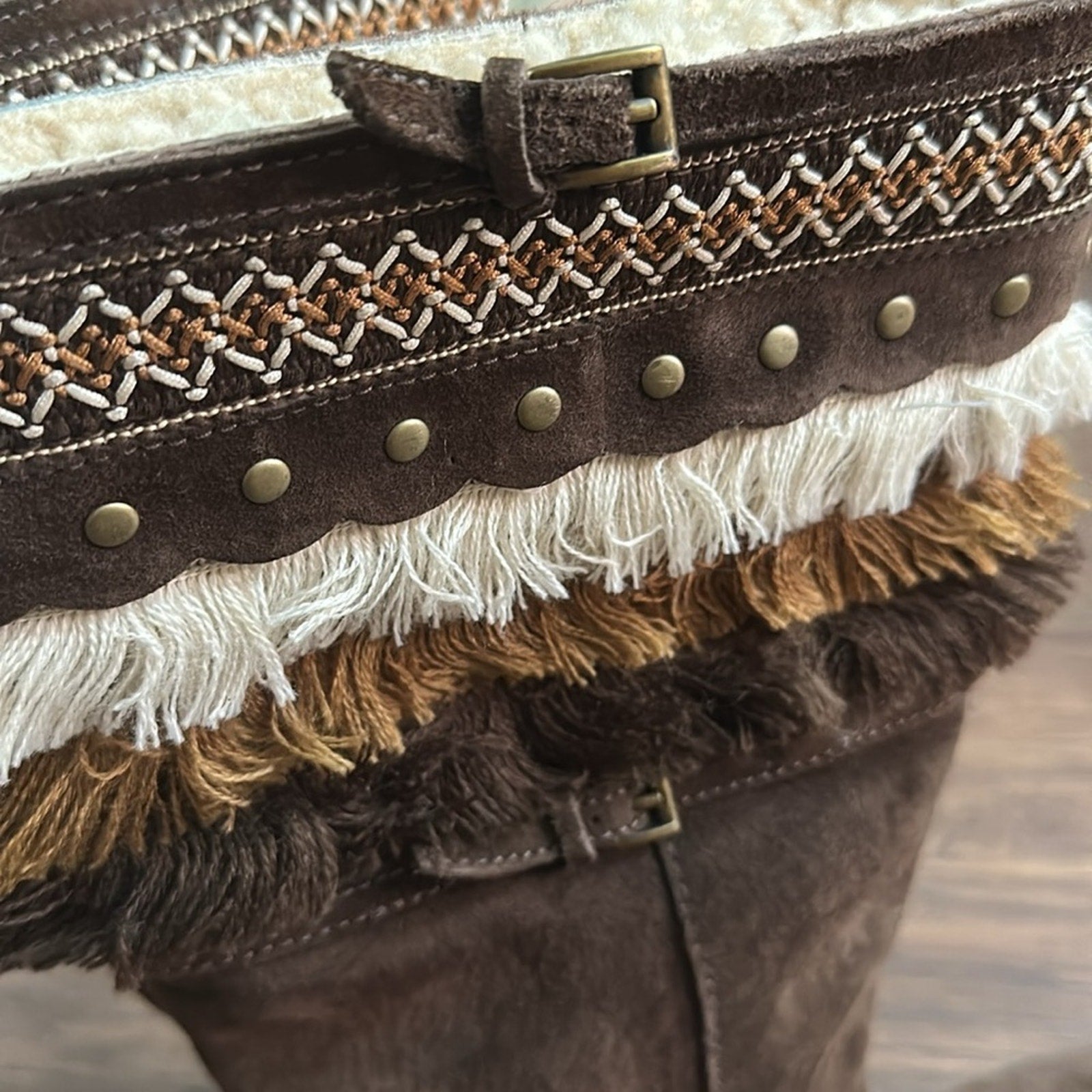 UGG Kiera Suede Sheepskin Tan Bohemian Fringe Studded Embroidered Boots - RARE