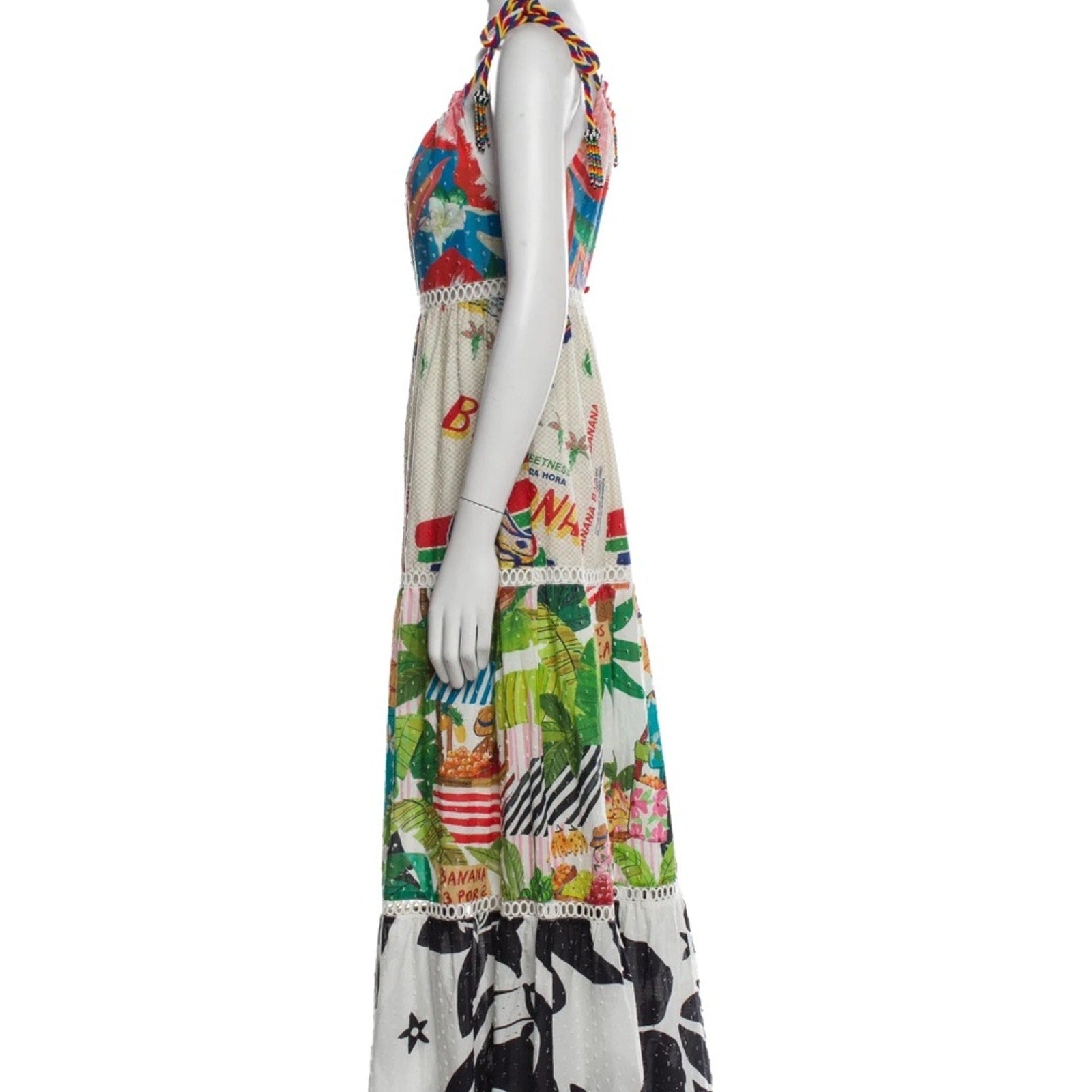 Farm Rio Maxi Dress Tiered Banana Floral Tropical Beaded Rope Straps - size S