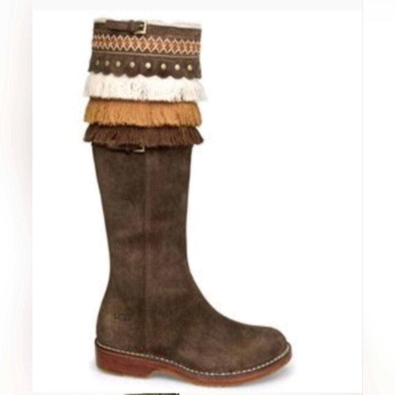 UGG Kiera Suede Sheepskin Tan Bohemian Fringe Studded Embroidered Boots - RARE