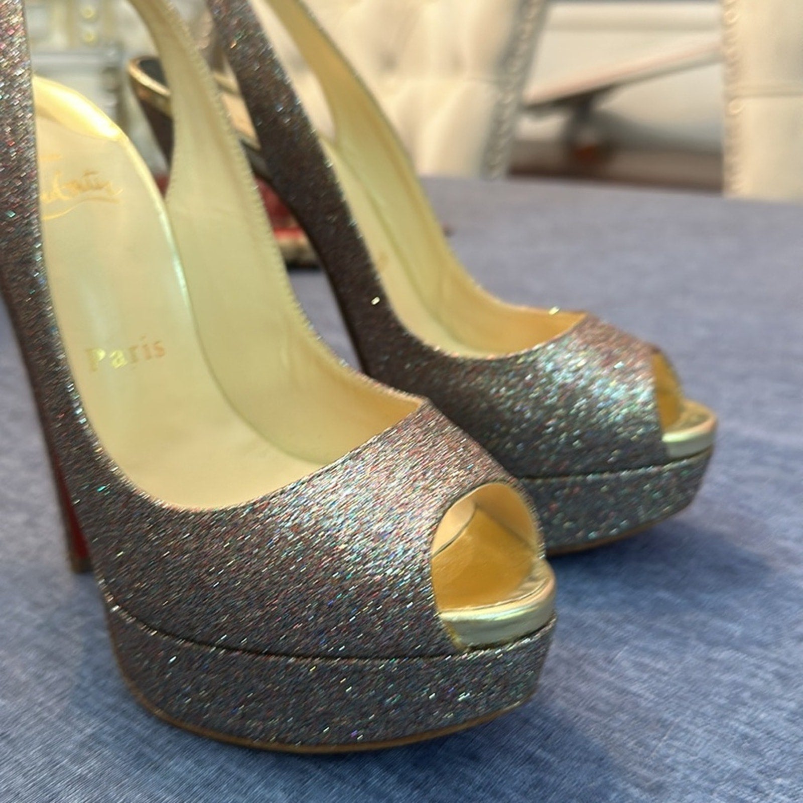 Christian Louboutin Metallic Multicolor Glitter Lady Peep Toe Platform Pump 36.5