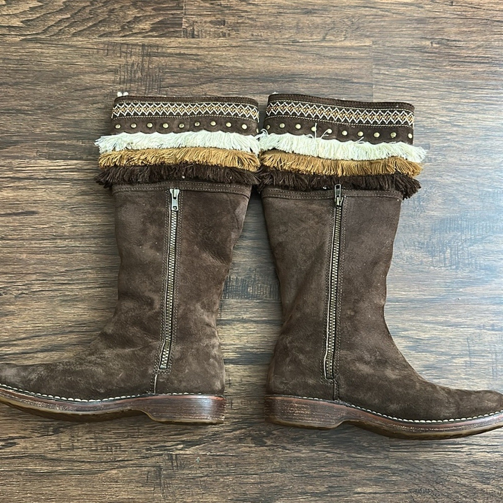 UGG Kiera Suede Sheepskin Tan Bohemian Fringe Studded Embroidered Boots - RARE