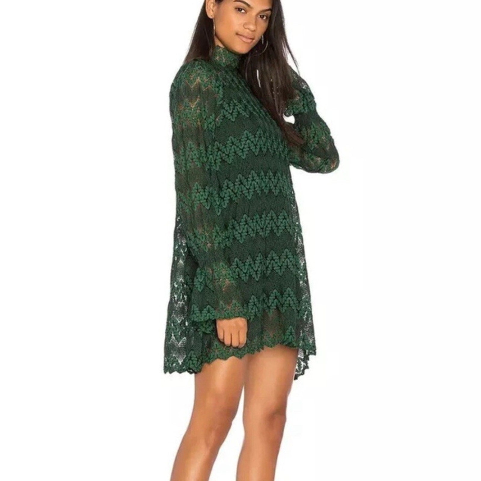 NWT Free People Simone Mini Green Combo Lace Dress Mock Neck - small