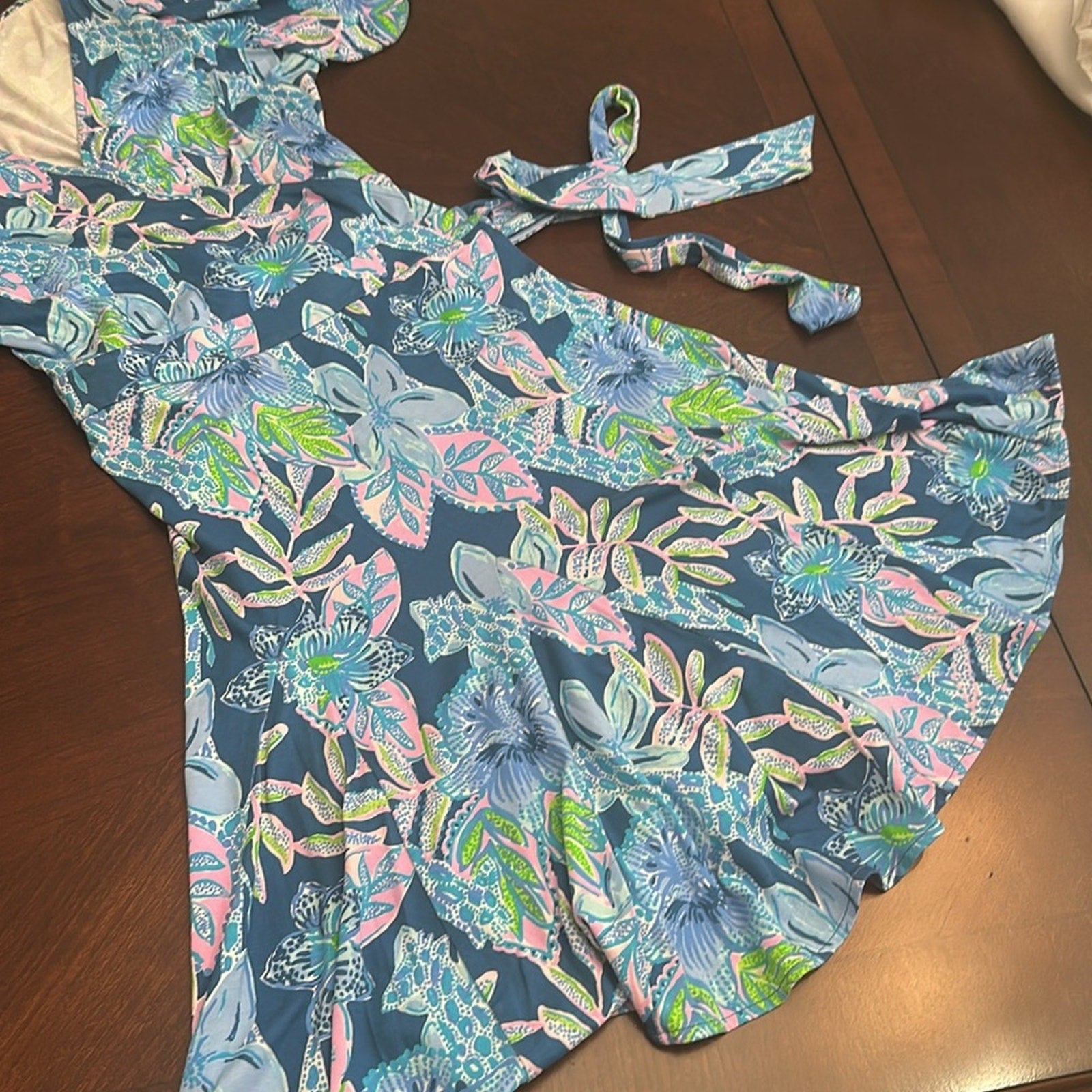 Lilly Pulitzer Kessler Wrap Dress Macaw Blue Tall Me About It - size M
