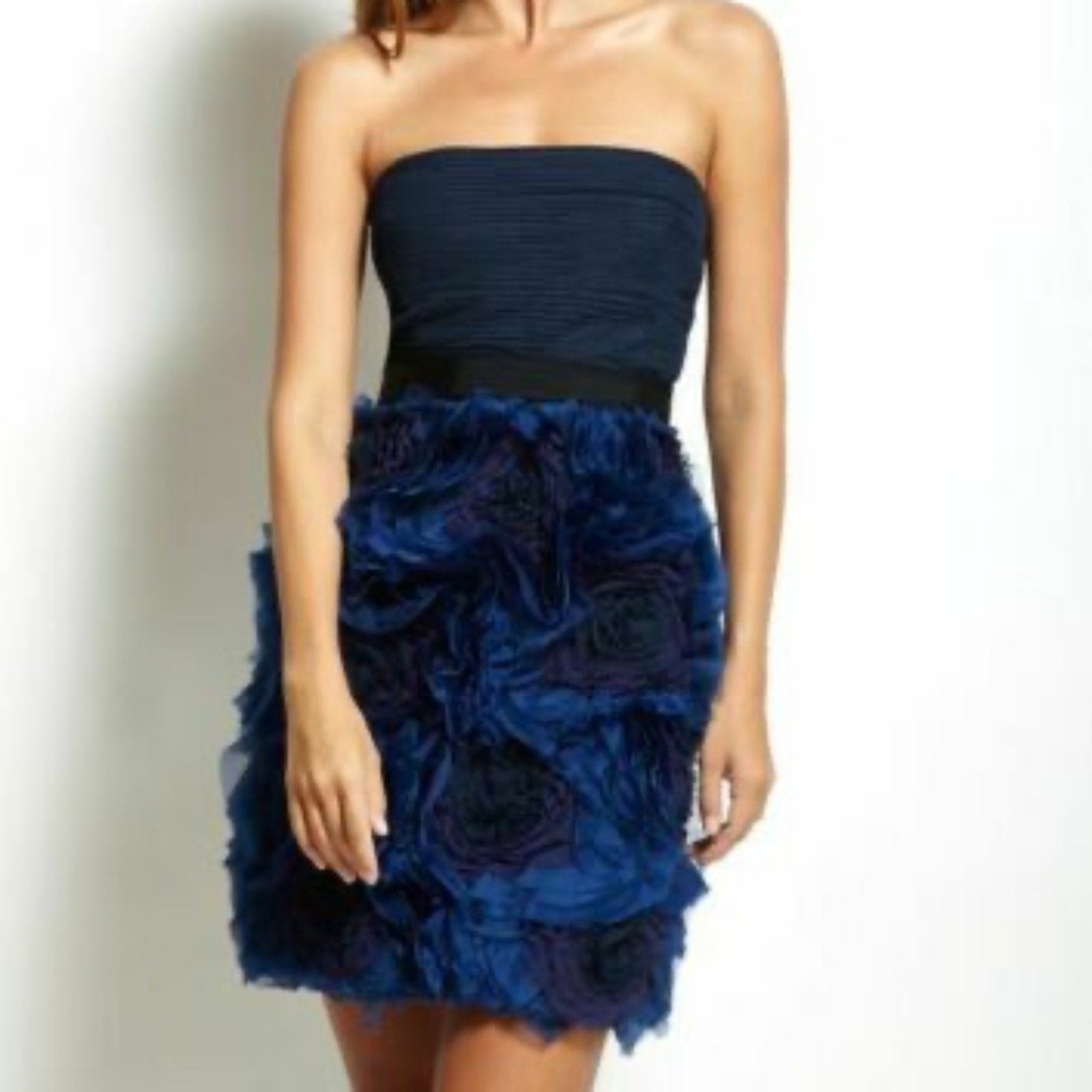 NEW BCBG MaxAzria Dress Blue Organza Rosette Pleated Strapless - size 4