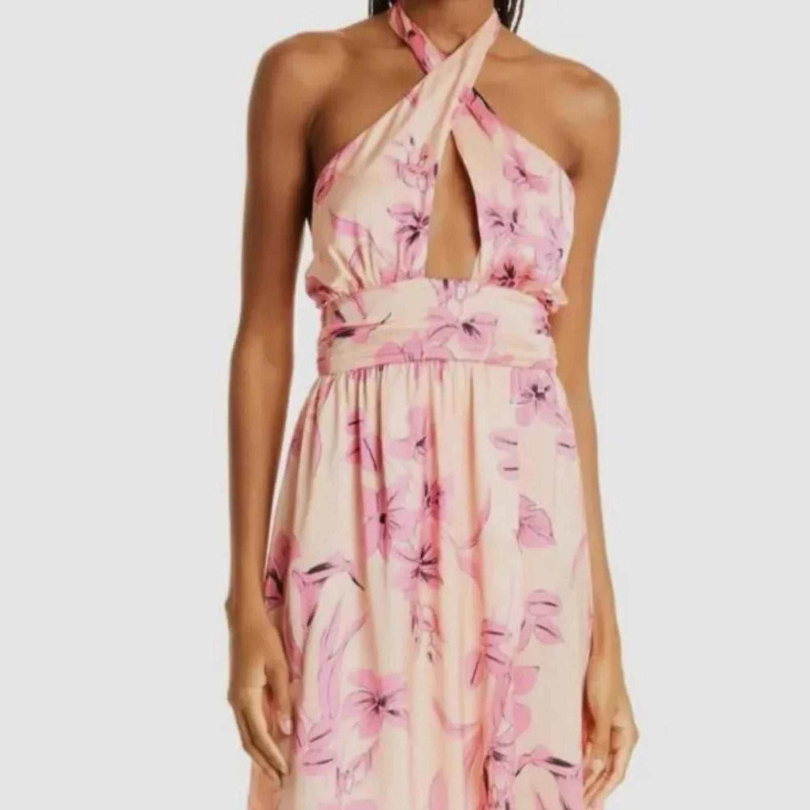 NWT $395 Ramy Brook Women's Pink Luna Floral Halter Neck Satin Dress - size 12