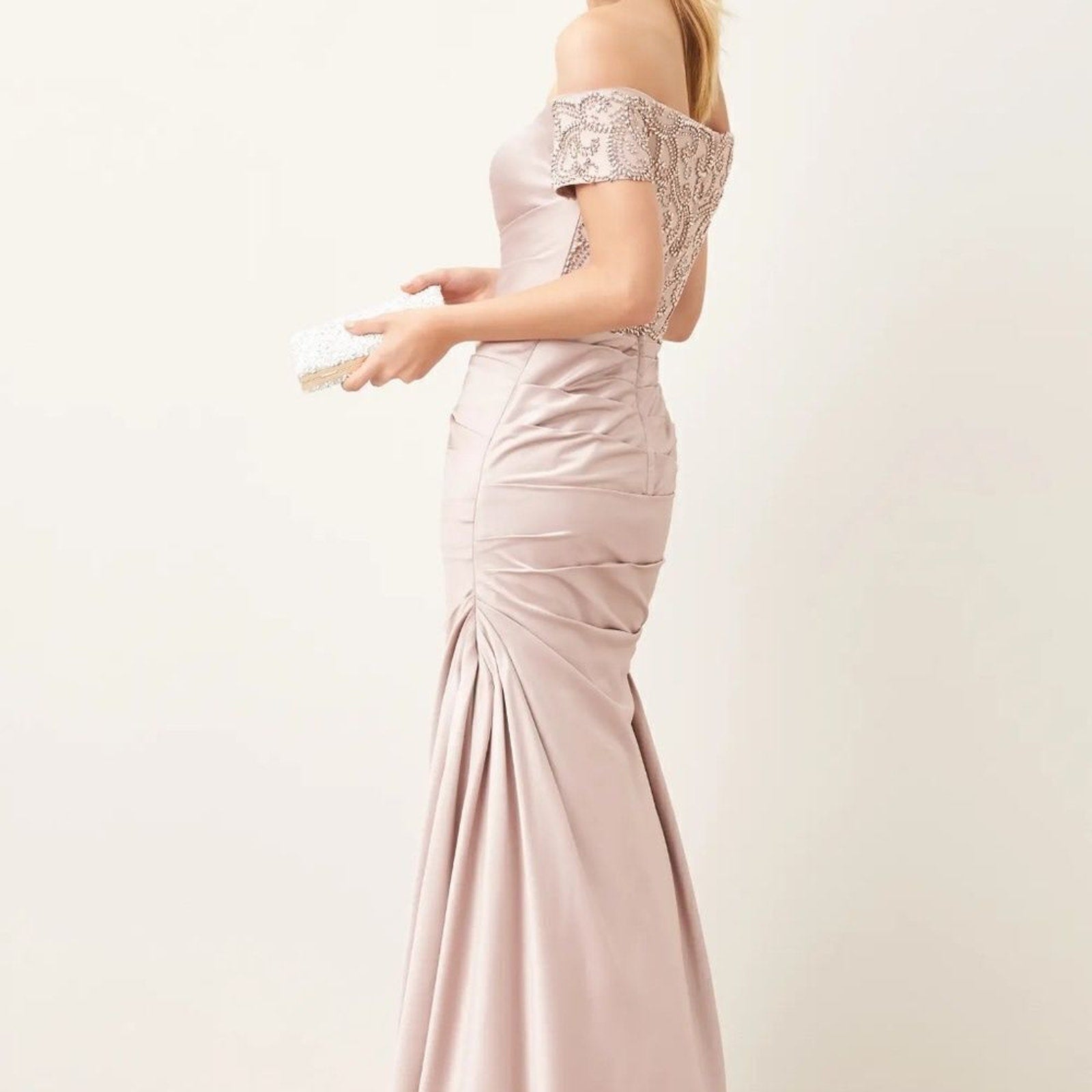 NWT La Femme Off the Shoulder Beaded Satin Trumpet Gown in champagne - size 6