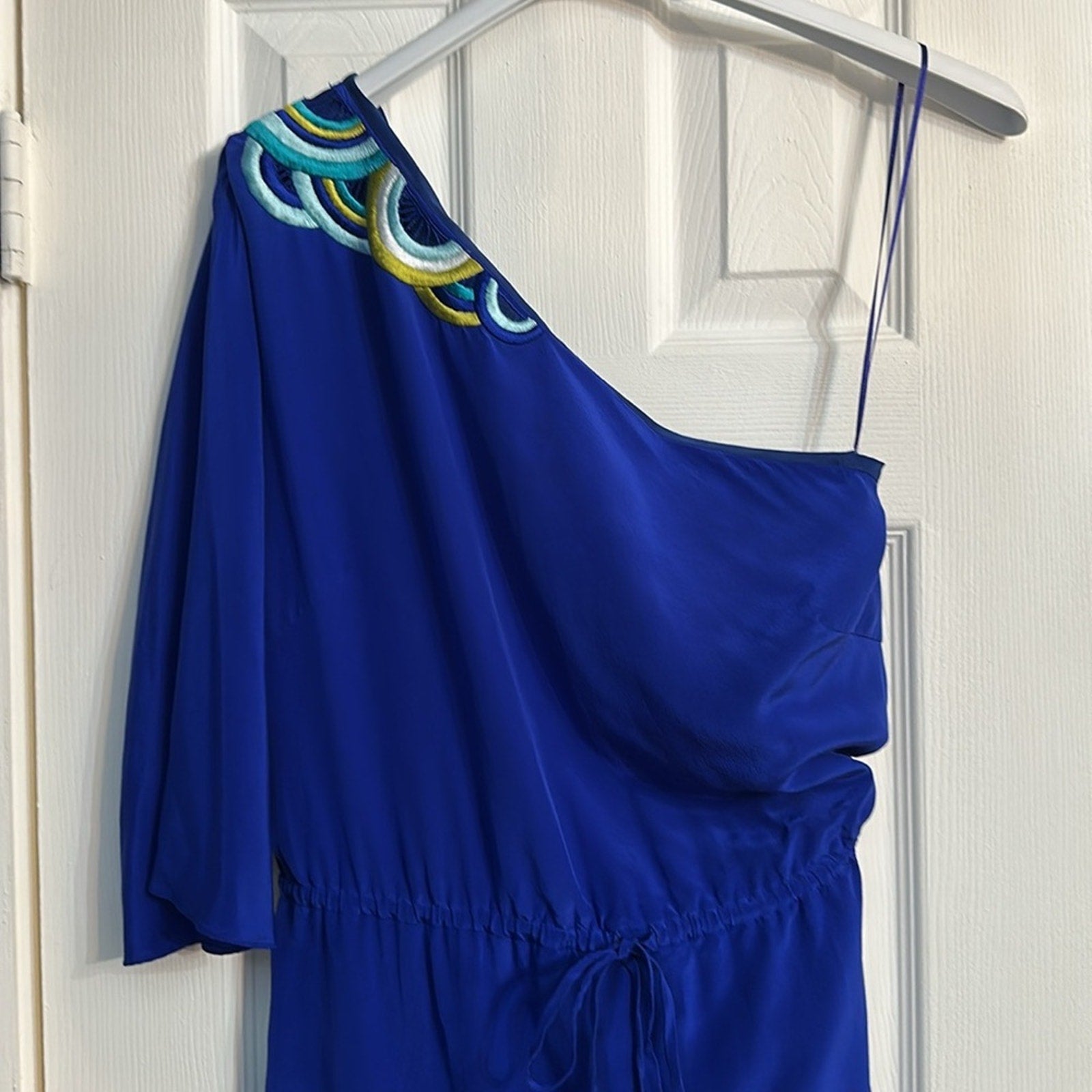 Trina Turk Santa Cruz Silk Sun Dress One Shoulder Embroidered Blue - size 6