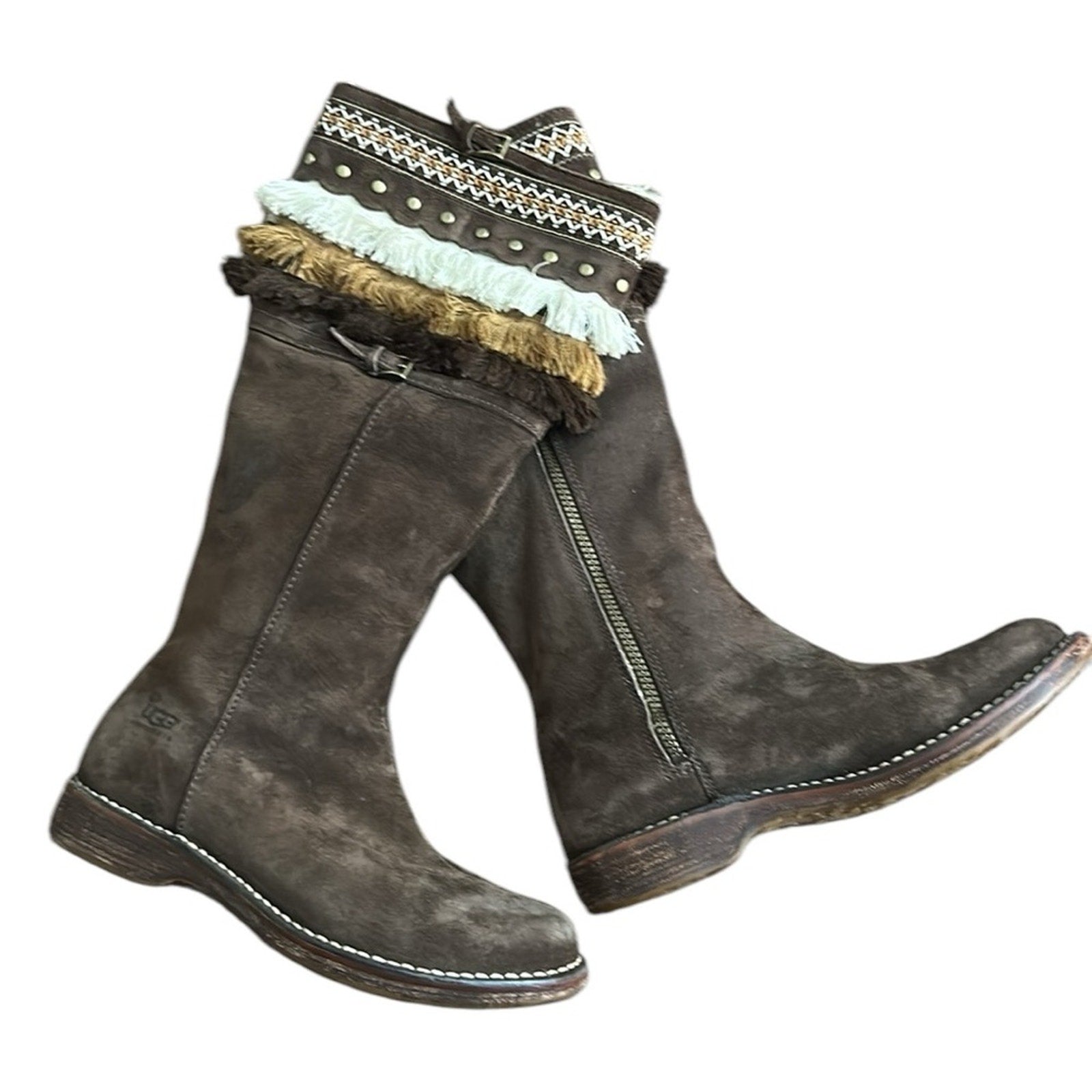UGG Kiera Suede Sheepskin Tan Bohemian Fringe Studded Embroidered Boots - RARE