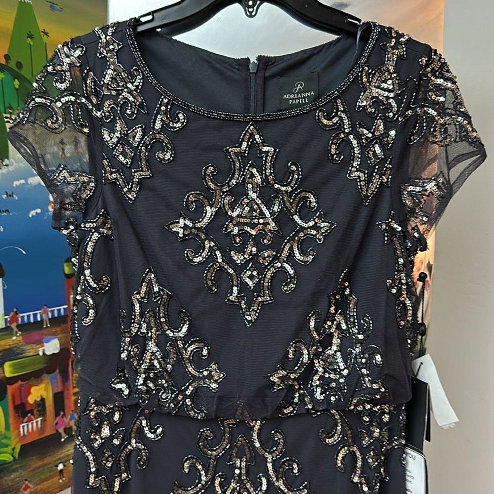 NWT Adrianna Papell HAND-BEADED LONG BLOUSON GOWN IN GUNMETAL - size 4