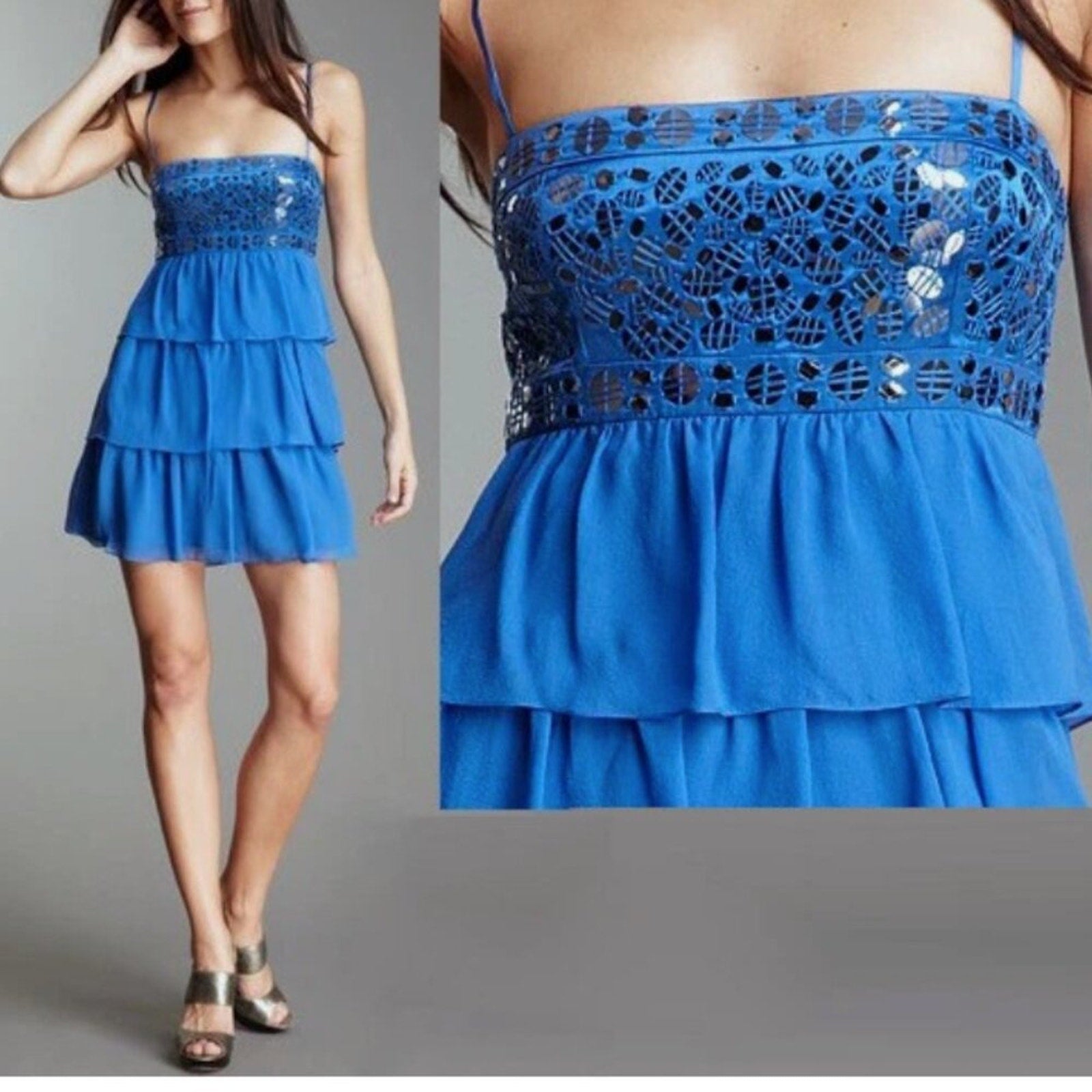 BCBG Maxazria Larkspur Blue Chiffon Beaded Paillette Bust Slip Dress - 8