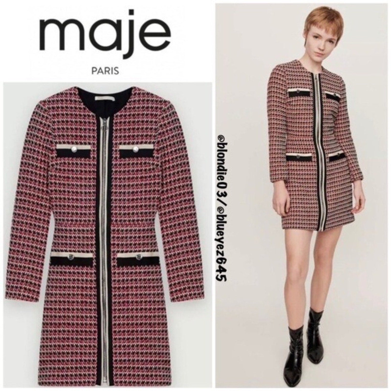 Maje Romane Tweed Dress NEW Red Black Full Zip Long Sleeve Mini - size 34