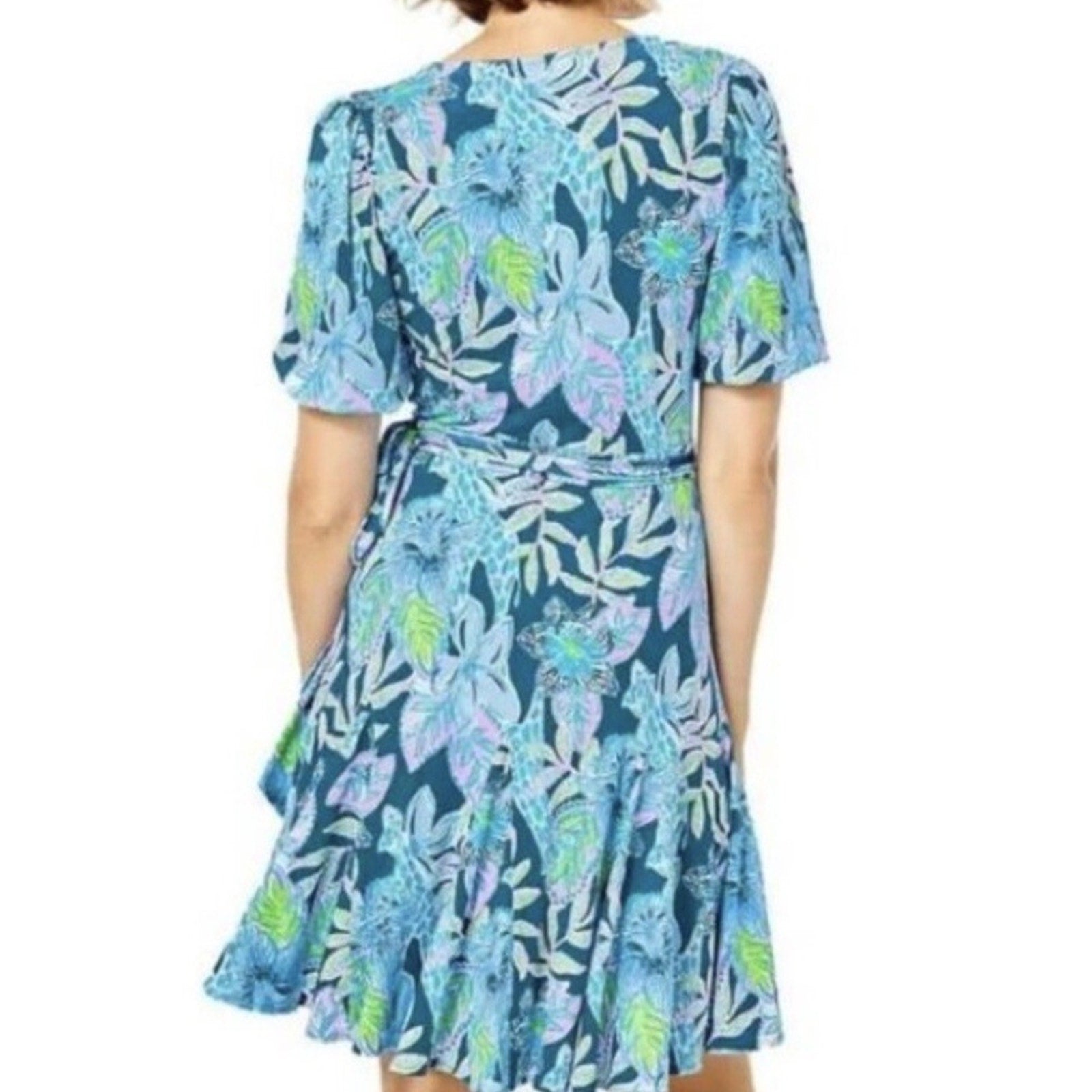 Lilly Pulitzer Kessler Wrap Dress Macaw Blue Tall Me About It - size M