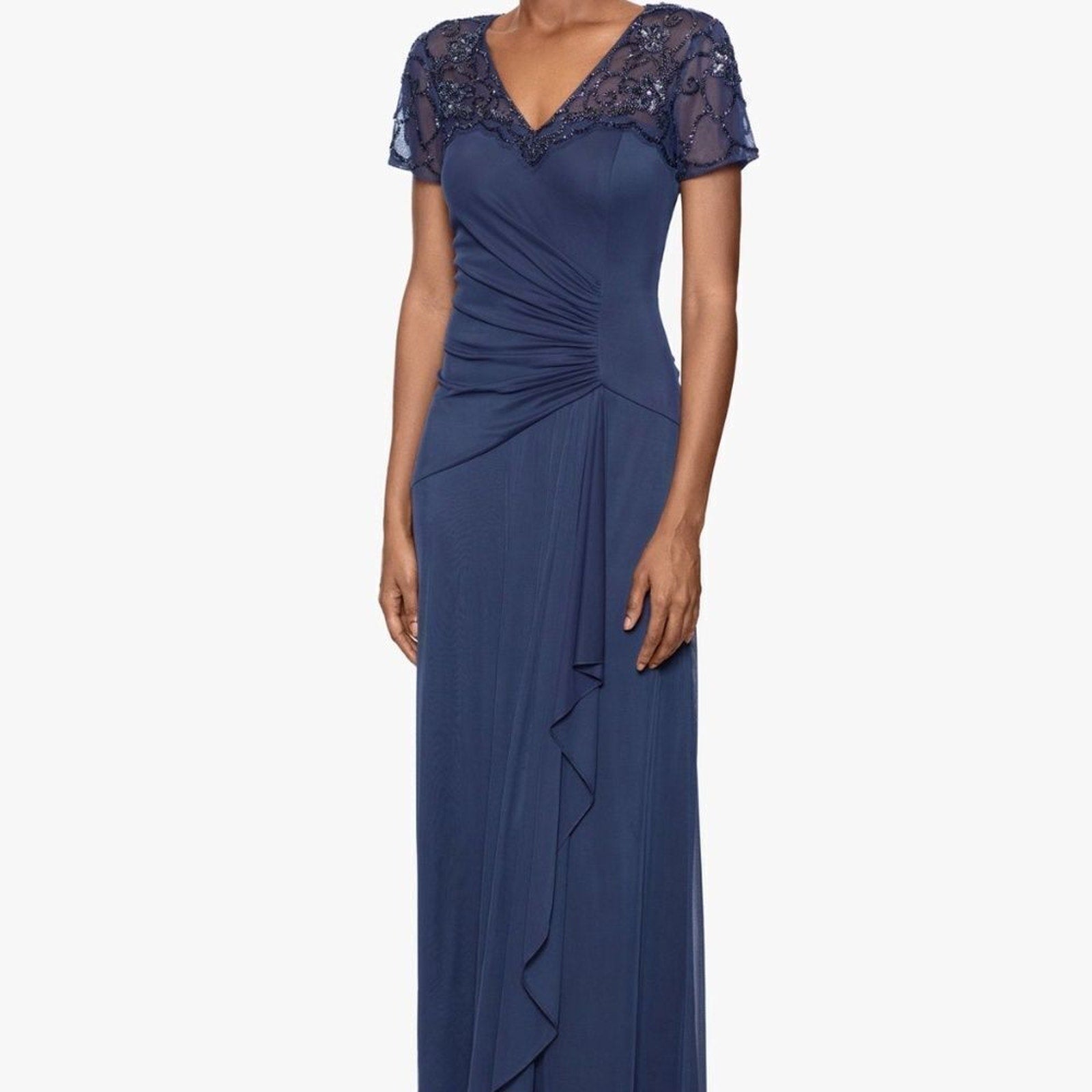 NWT Xscape "CARMEN" LONG SHEER MATTE JERSEY BEADED SHORT SLEEVE DRESS - size 10
