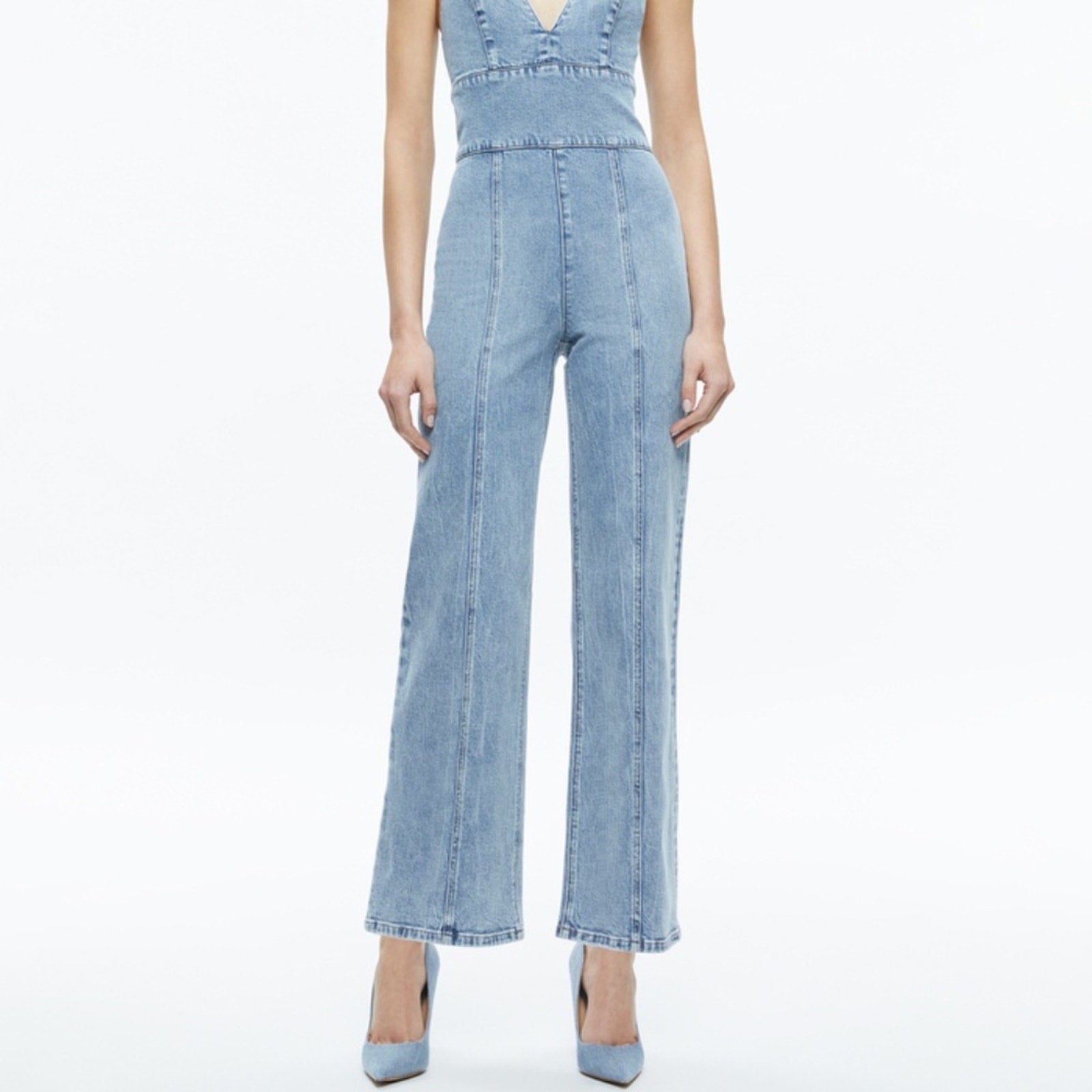 Alice + Olivia SANDRA DEEP V NECK JUMPSUIT in SULLIVAN VINTAGE BLUE - size 30