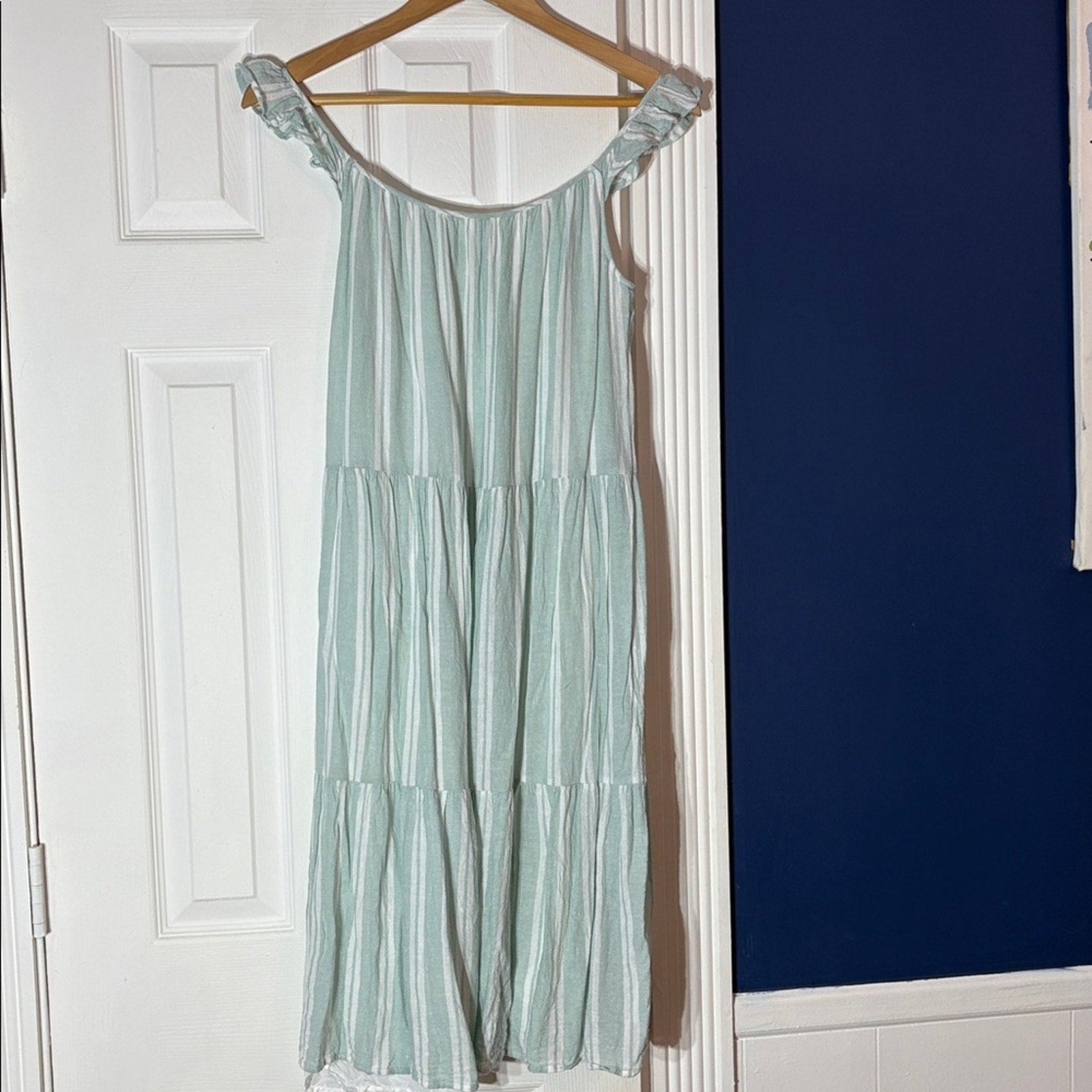 Rails Dress Capri Linen Small Green White Striped Tiered Sleeveless - S