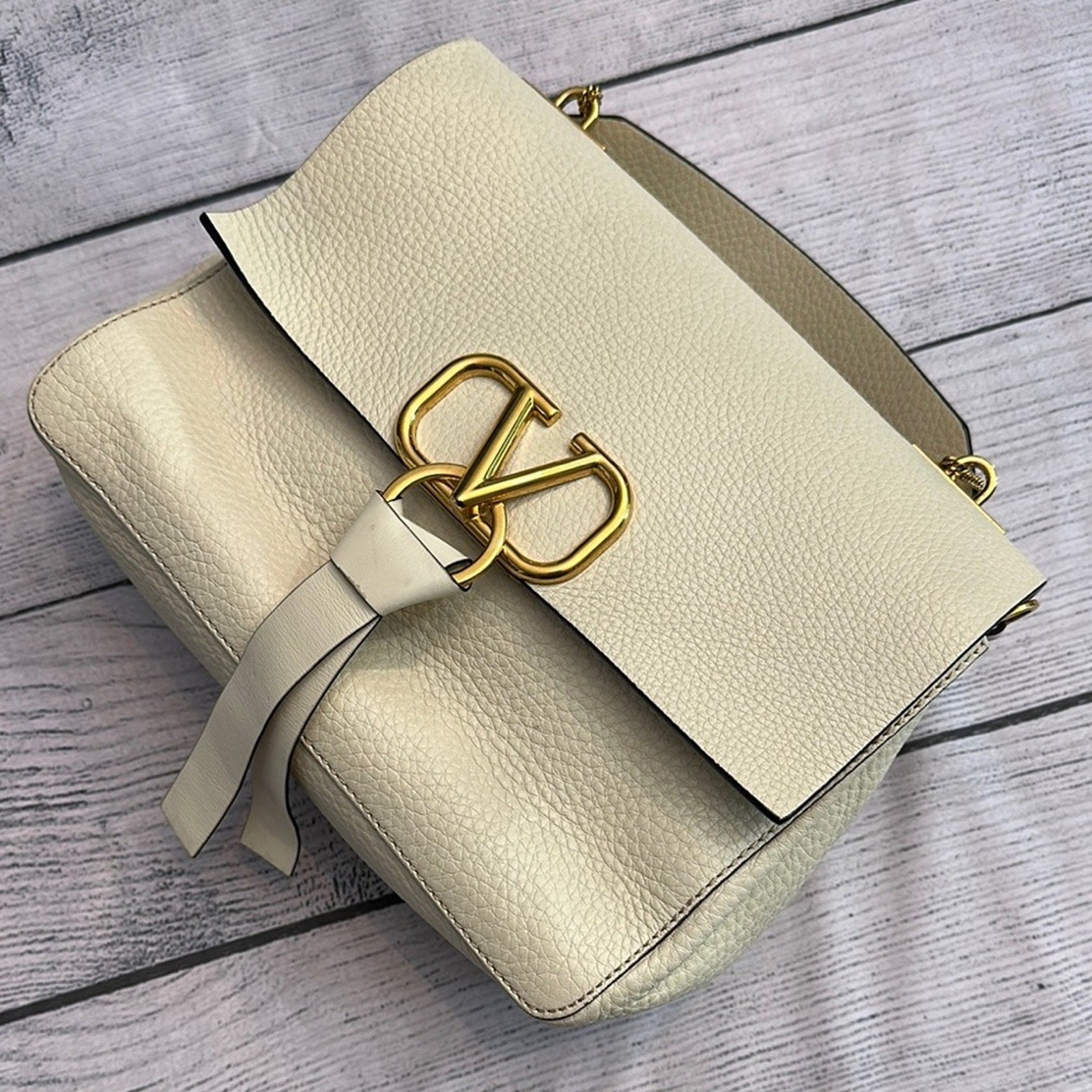 Valentino Garavani Pebbled Calfskin Mini VRing Shoulder Bag Light Ivory