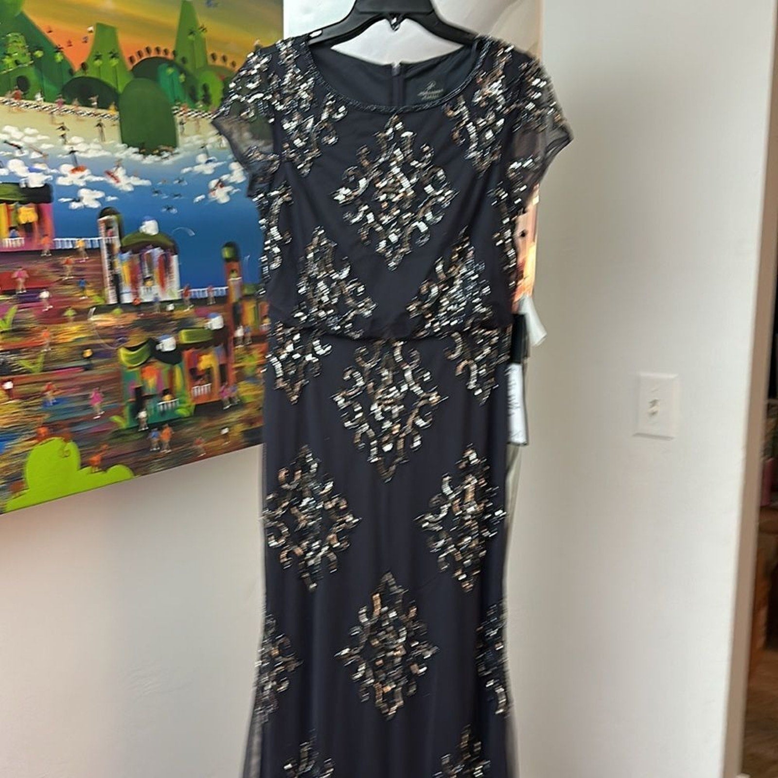 NWT Adrianna Papell HAND-BEADED LONG BLOUSON GOWN IN GUNMETAL - size 4