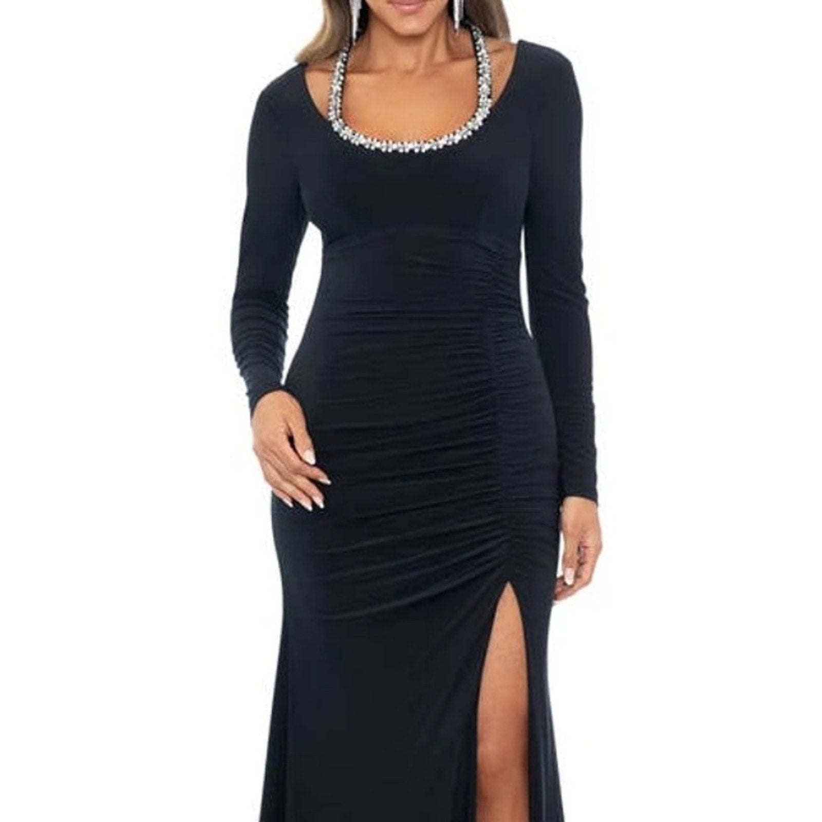 NWT Xscape Crystal Trim Long Sleeve Gown in Navy 5721X - size 14