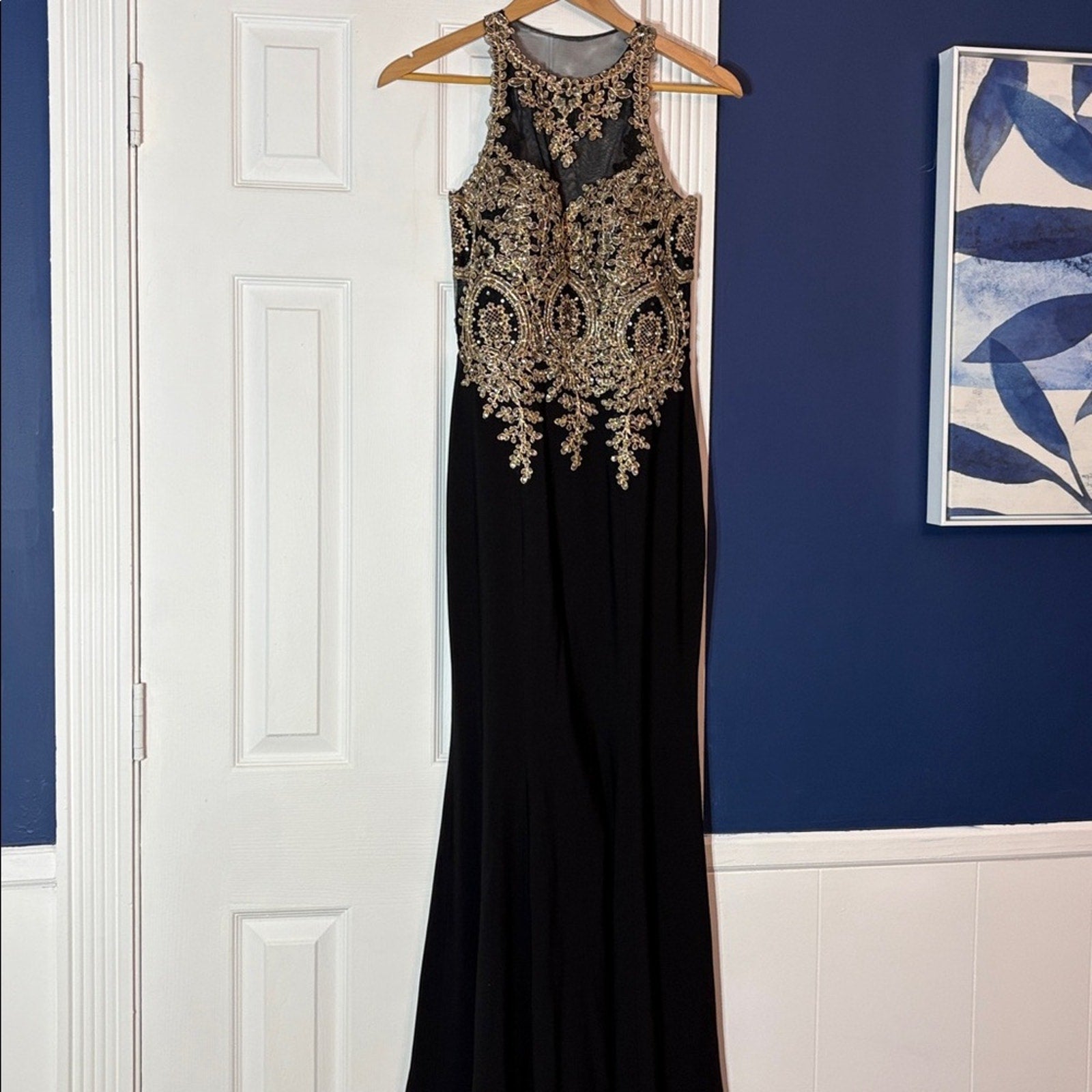 Xscape Women's Black Embroidered Soutache Illusion Gown Dress Size 2