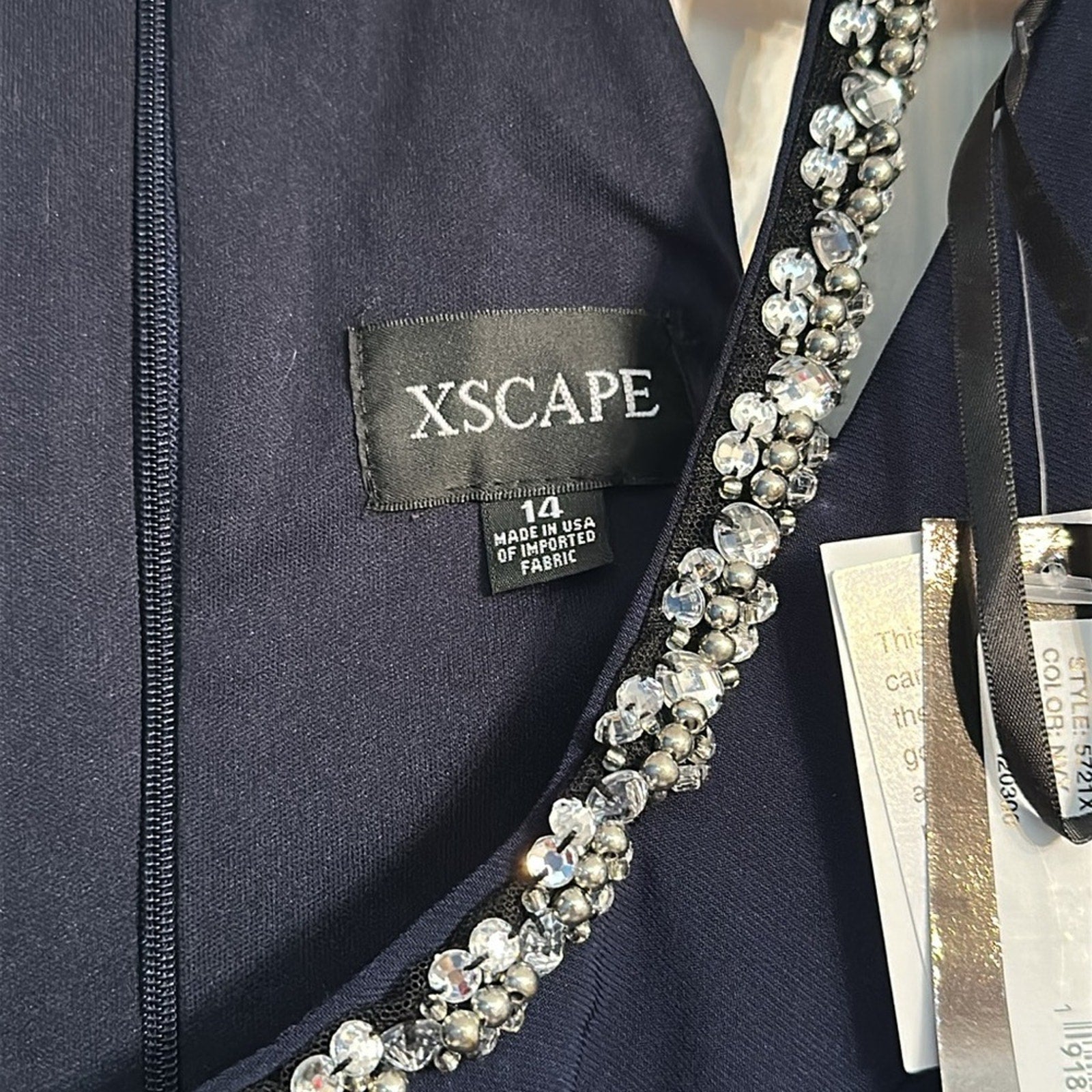 NWT Xscape Crystal Trim Long Sleeve Gown in Navy 5721X - size 14