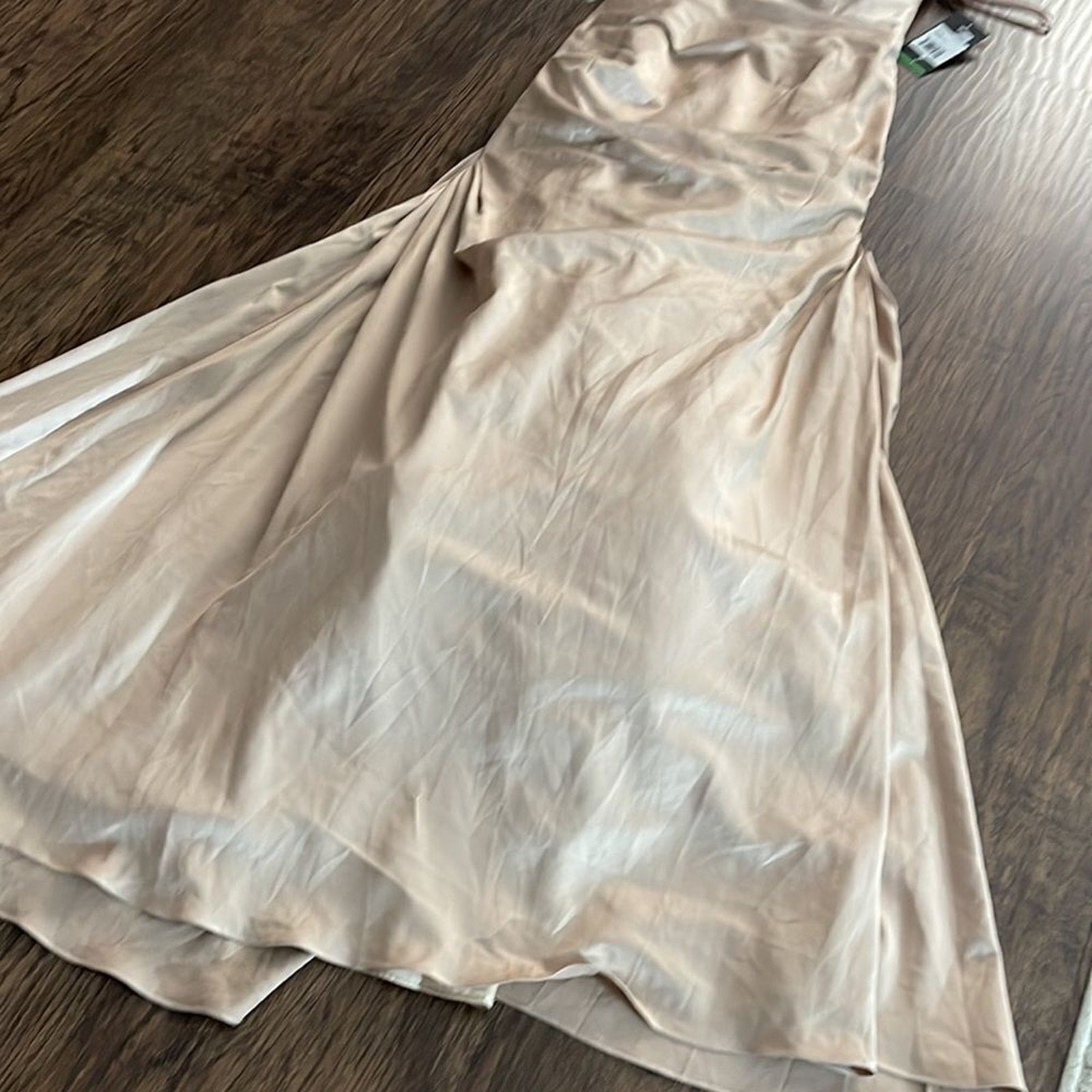 NWT La Femme Off the Shoulder Beaded Satin Trumpet Gown in champagne - size 6