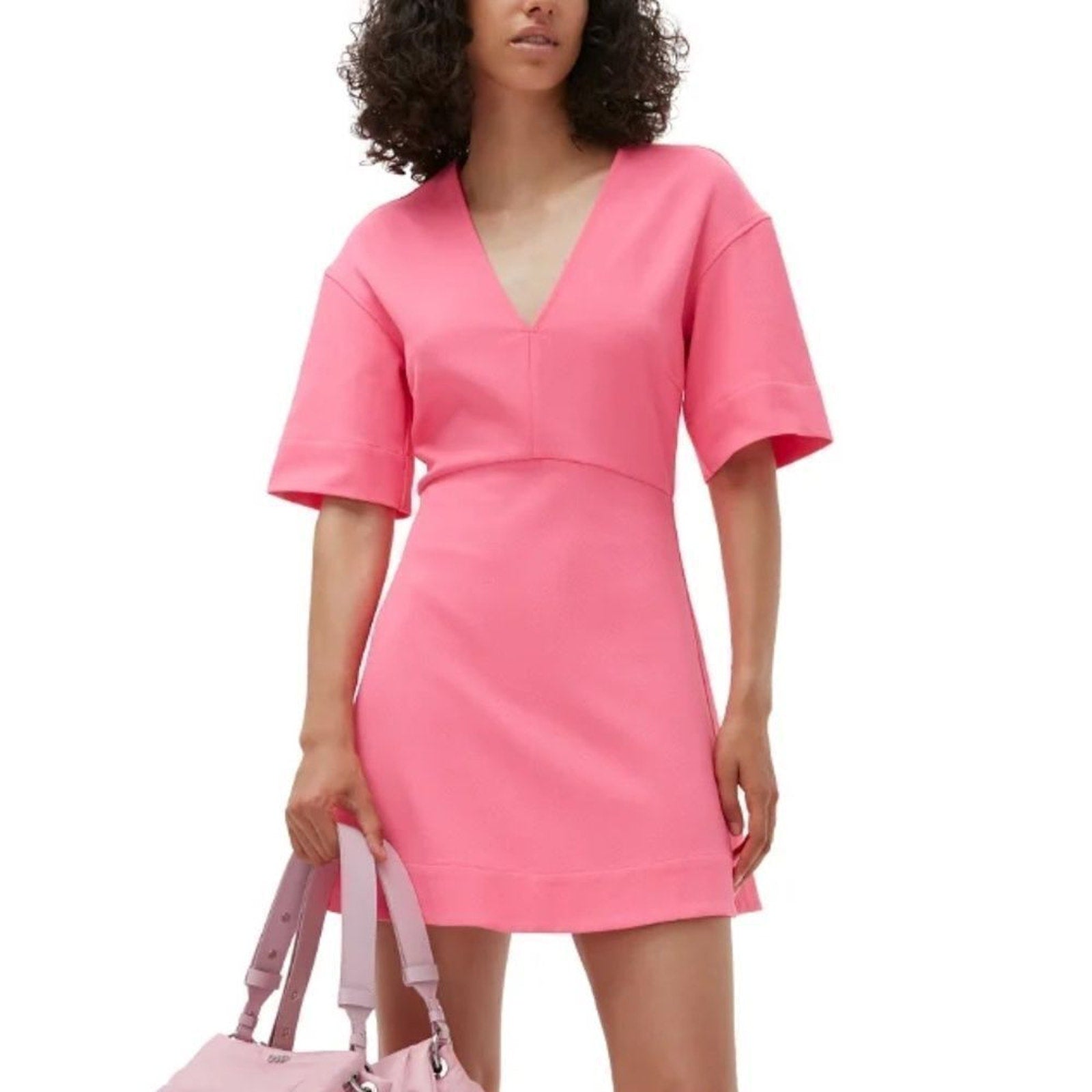 NEW GANNI STRETCH SUITING V-NECK MINI DRESS - SHOCKING PINK - size 40 (US 8)