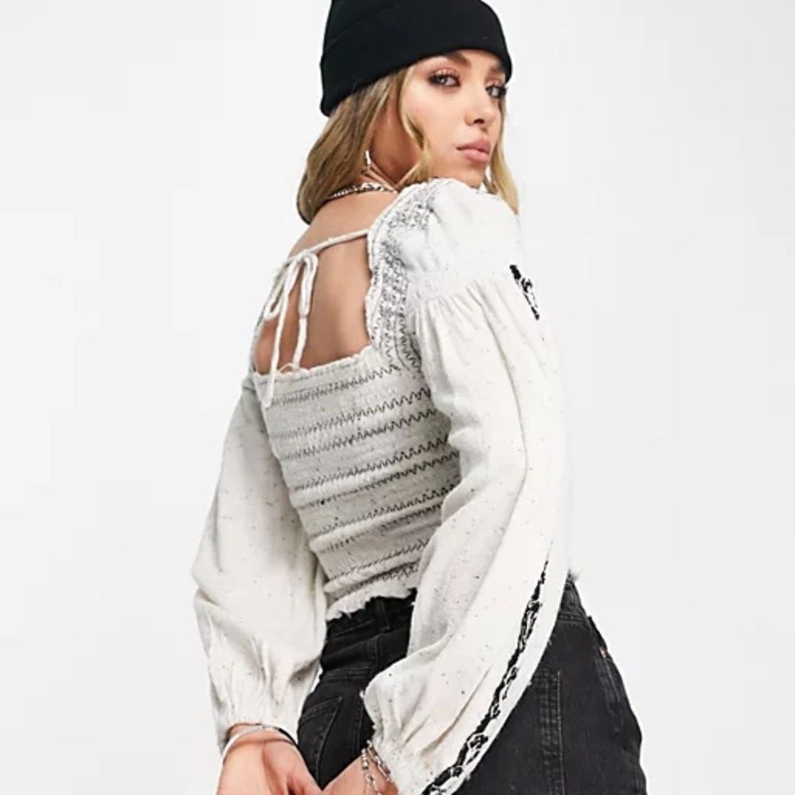 NWOT Free People Maggie Embroidered Top Crochet Long Sleeve Smocked Blouse - S