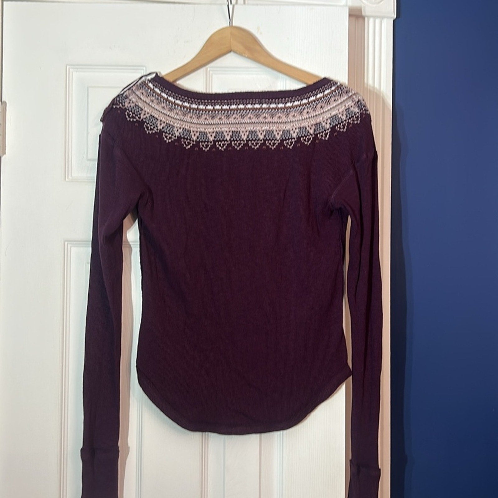 FREE PEOPLE We The Free Fair Isle Purple Embroidered Thermal Top - Size Small