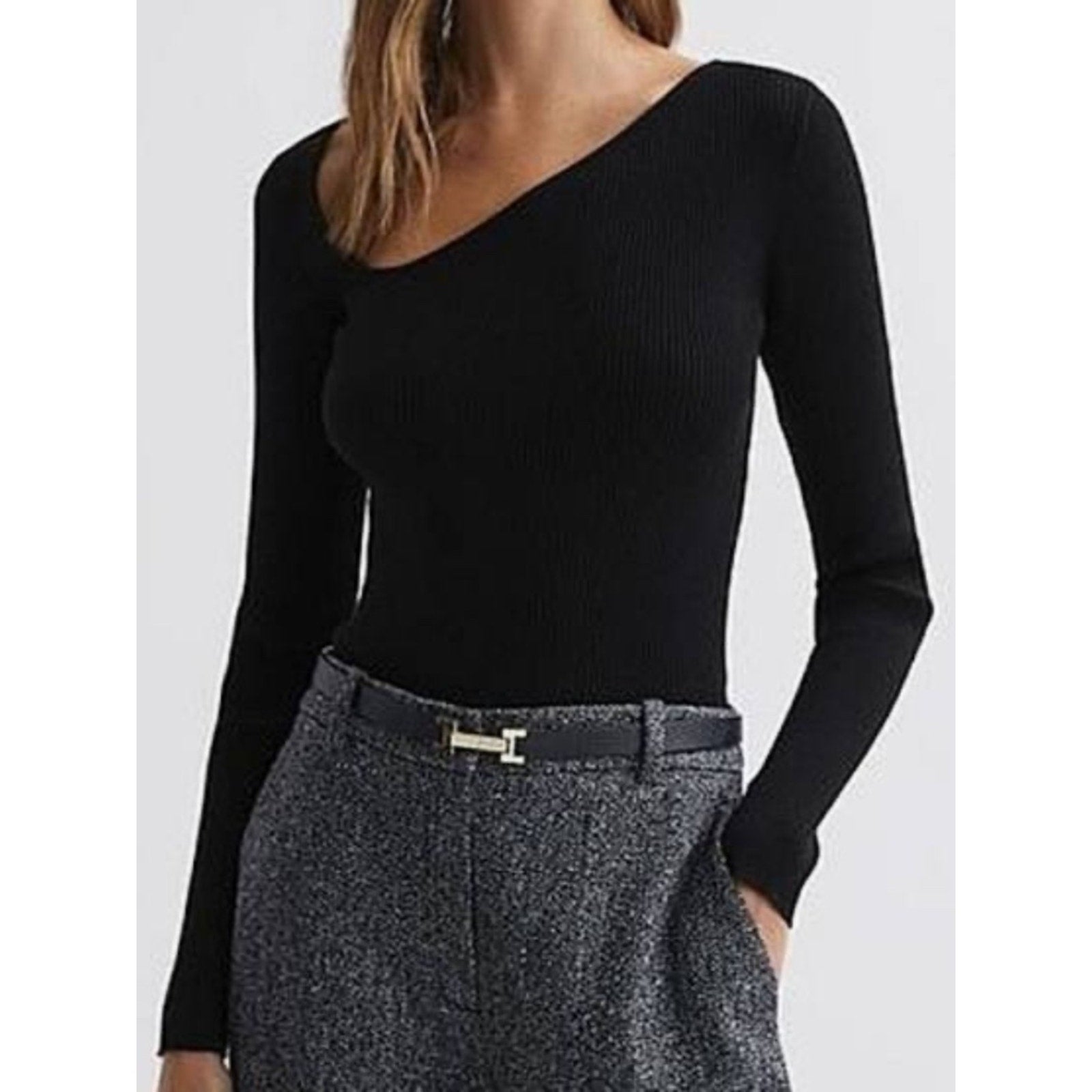 REISS Sasha Fitted Ribbed Asymmetric Neck Sweater Top - size XL - NWT