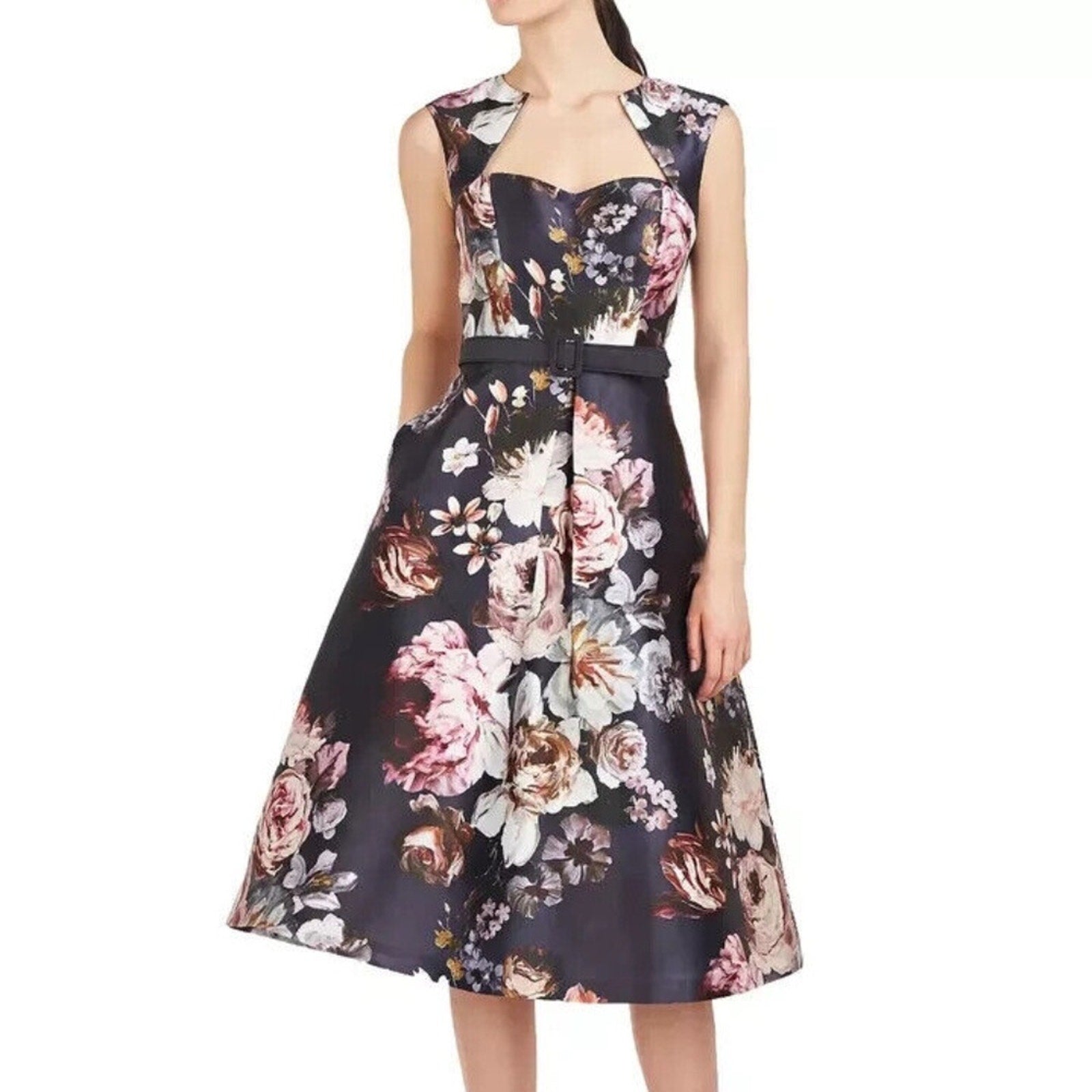NWT Kay Unger Arielle Floral Print Midi Cocktail Dress Size 12 $288