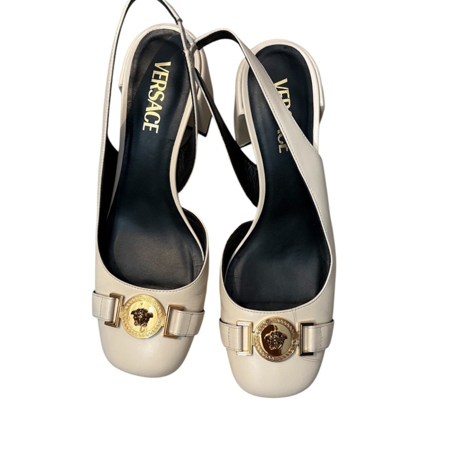 Versace Sling Back Vitello Metal Logo Heel - 38 (US 8)