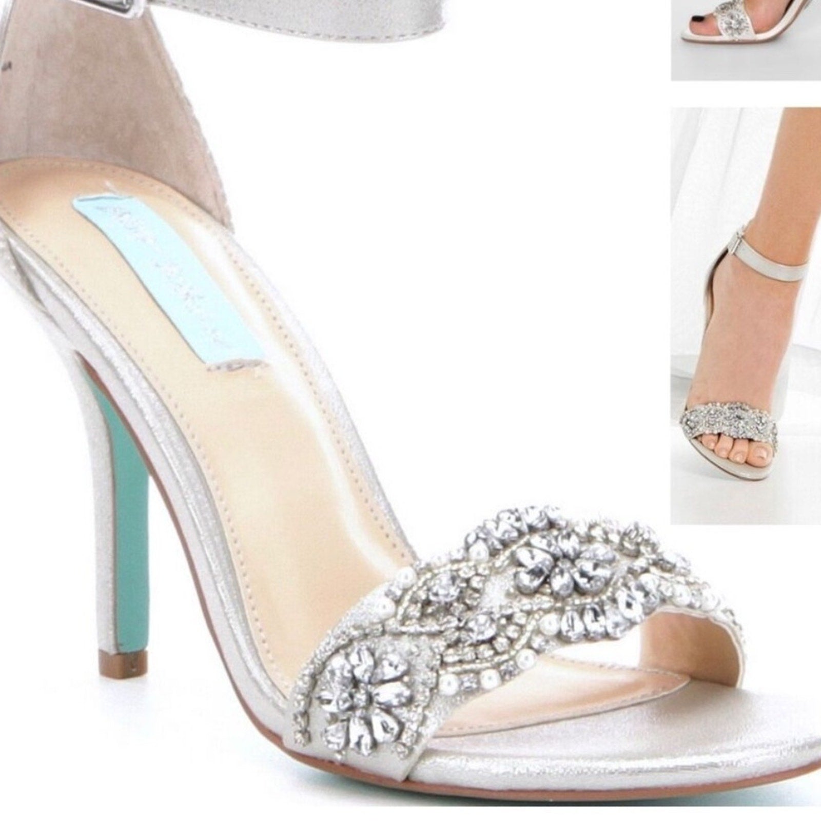 NEW Betsey Johnson Gina Jeweled Ankle Strap Dress Sandals Silver Satin Stiletto - 7.5