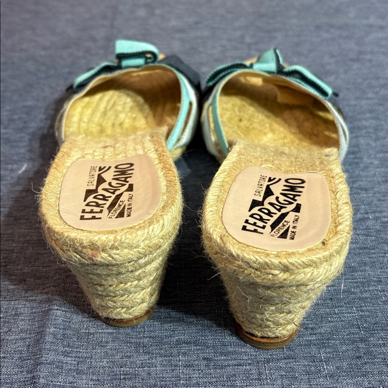 SALVATORE FERRAGAMO Blue Ribbon Espadrille Wedge Sandals 8.5 B