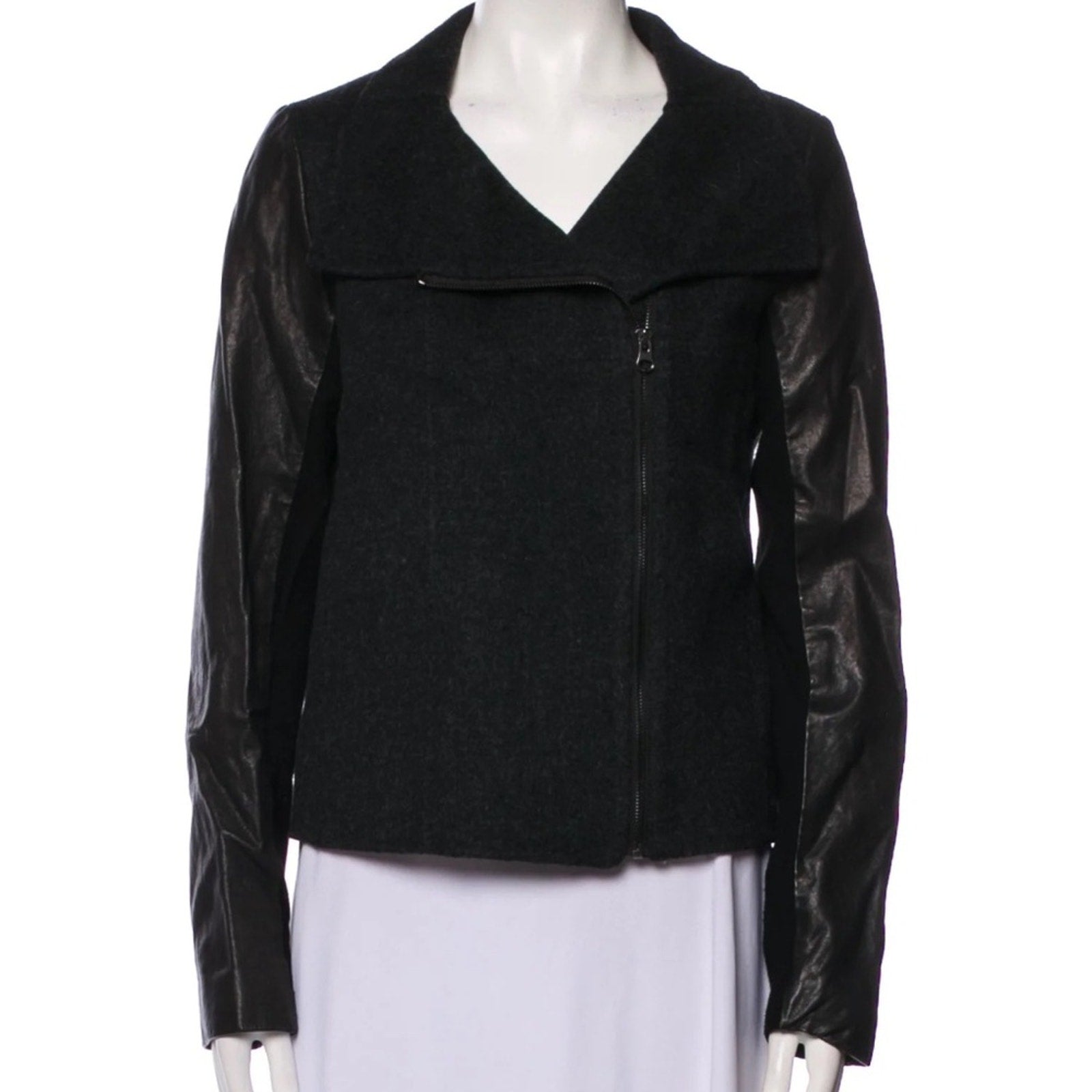 Vince Wool Blend Funnel Neck Jacket with Leather Sleeves - size M