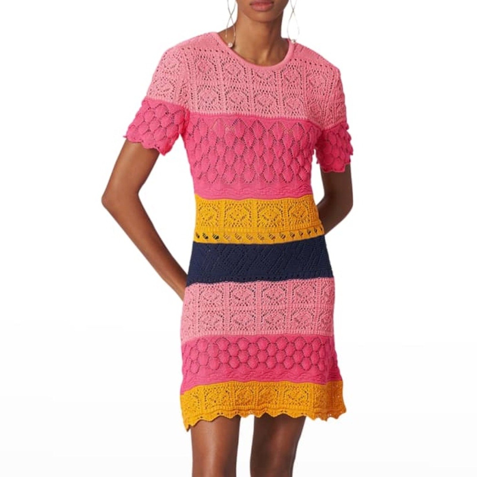 NEW Carolina Herrera Multicolor Crochet Stripe Shift Dress - size M