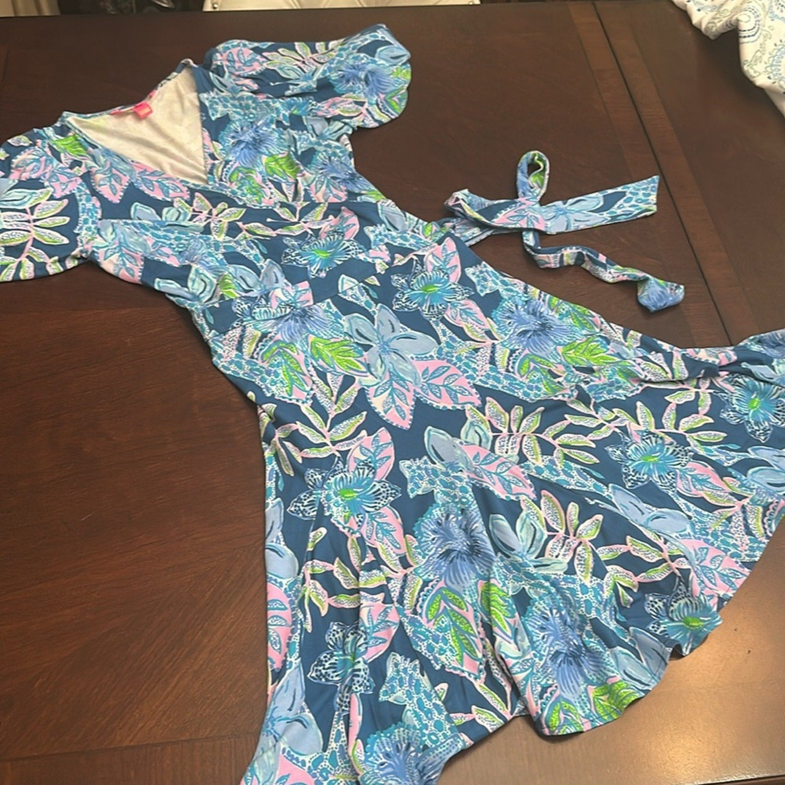 Lilly Pulitzer Kessler Wrap Dress Macaw Blue Tall Me About It - size M