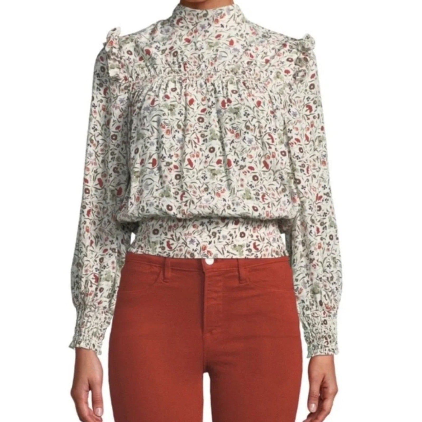 Frame Smocked Floral Silk Long Sleeve Top - M 🌟